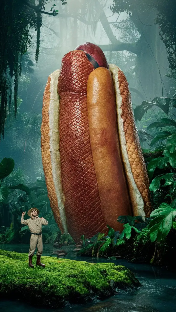 Imagine a scene in a misty, lush green jungle where a towering, colossal hotdog with scales that reflect the moisture in the air, confronts an explorer. The man, dwarfed by the hotdog’s immense size, is dressed in a classic explorer's outfit, complete with a hat and backpack. He stands on a moss-covered riverbank, looking up in awe at the gigantic creature that exudes an ancient and wise aura.

