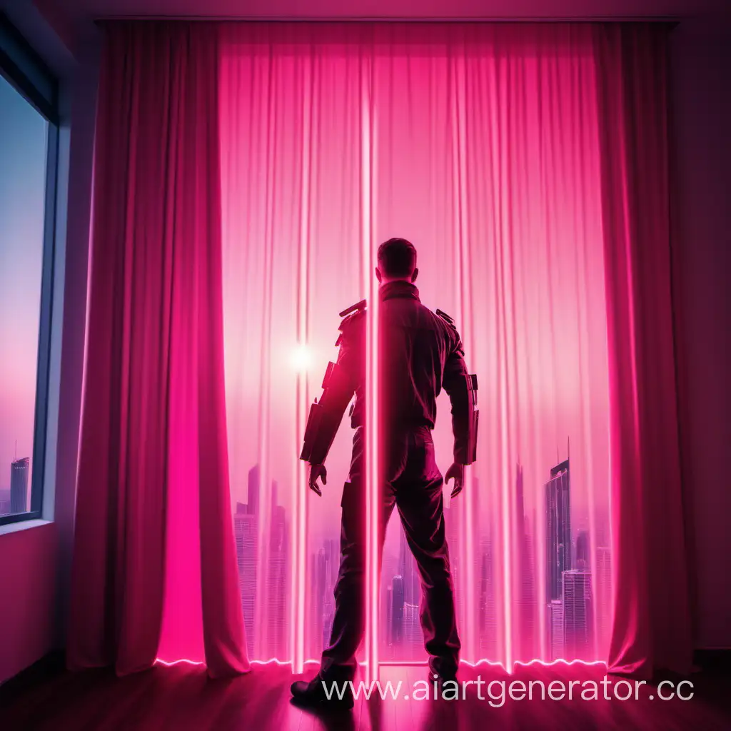 Urban-Futurism-Observing-the-Pink-Dawn-from-Apartment-Curtains