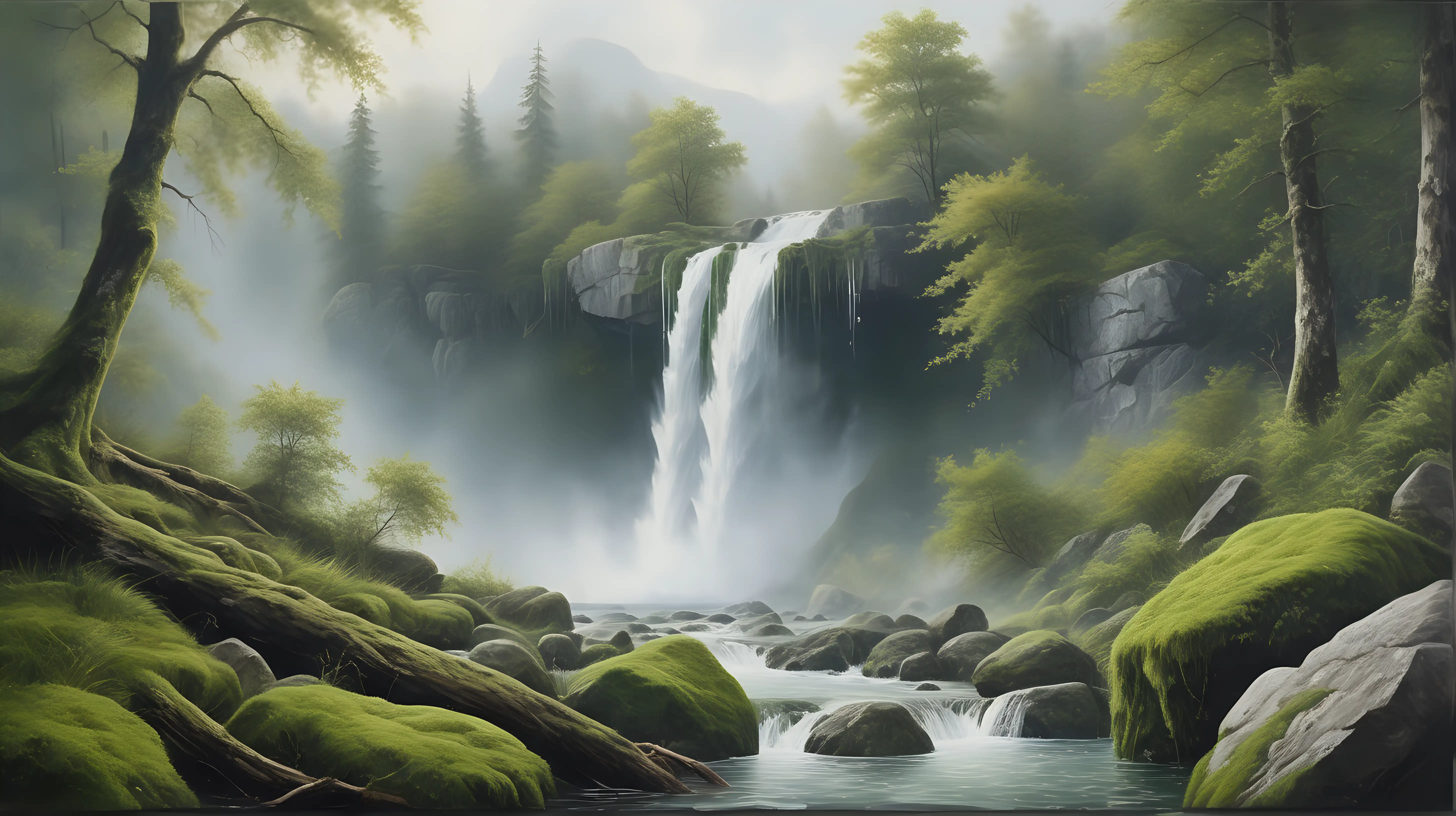 high resolution oil painting of wild nature scene with a  high  waterfall, with watery mist and mossy rocks in ultra realistic, HD, 8K real life 
