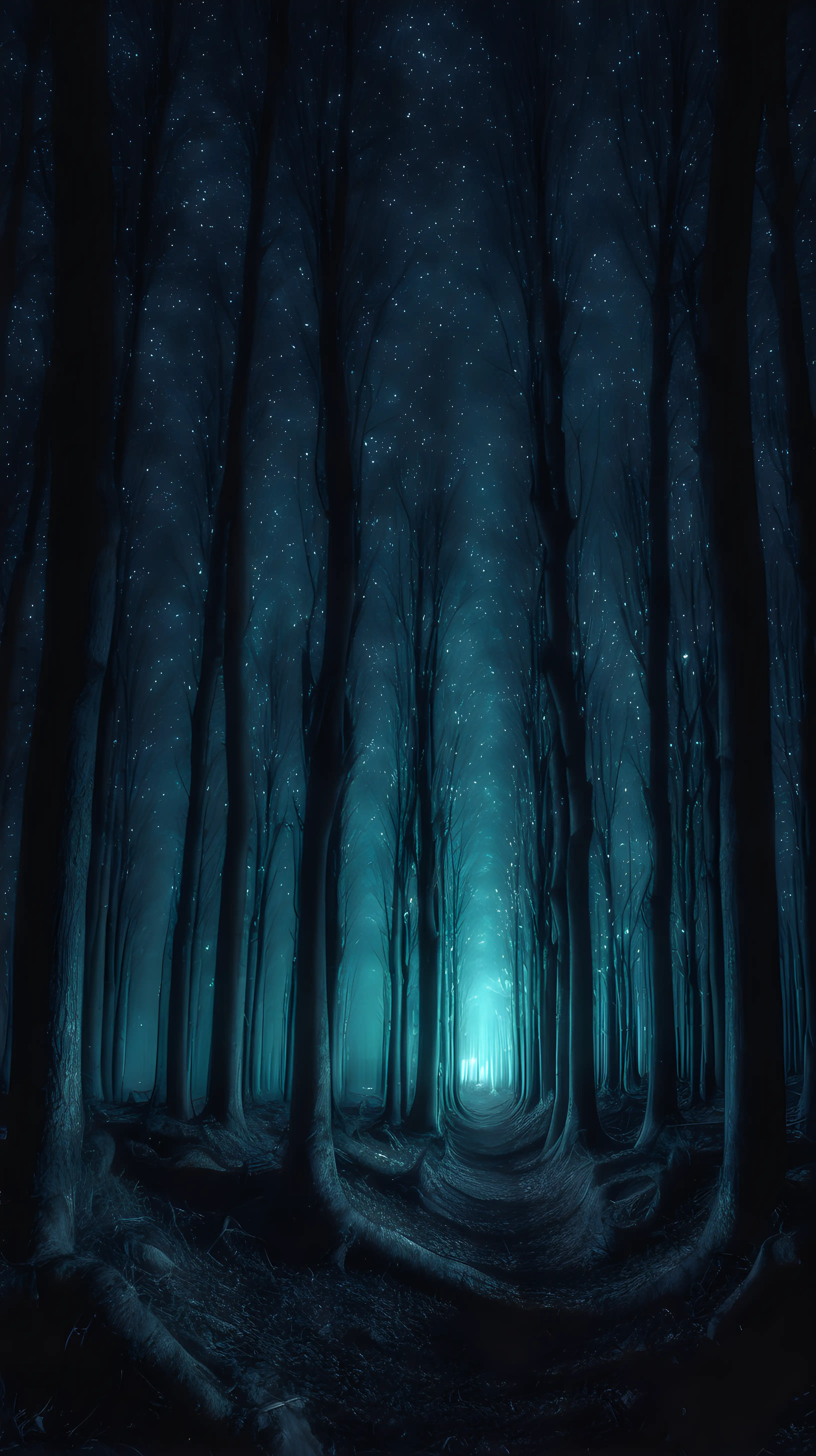 Enchanting Night Forest Scene with Moonlit Canopy