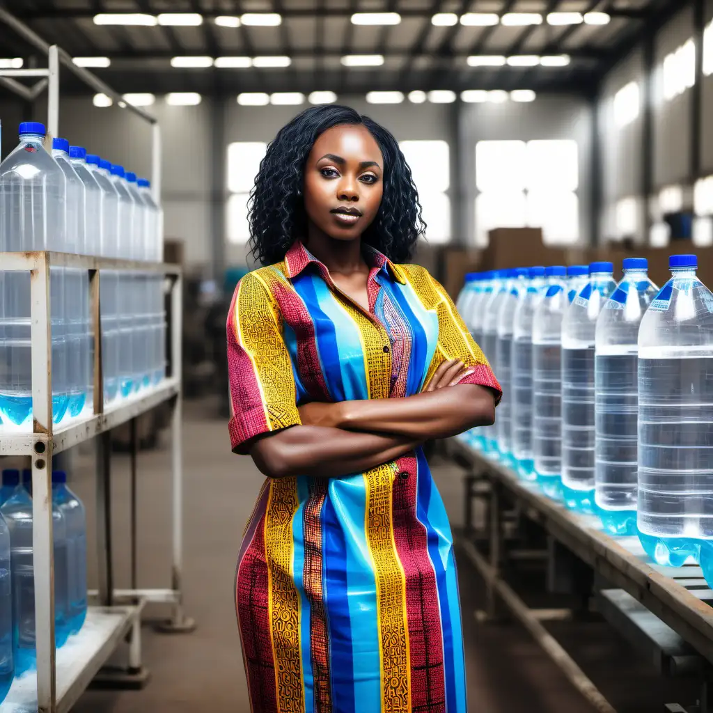 jeune femme africaine noire professionnelle habillée décemment en pagne de plusieurs couleurs avec du bleu debout dans une usine d'eau en bouteille lumineux avec les machines en background