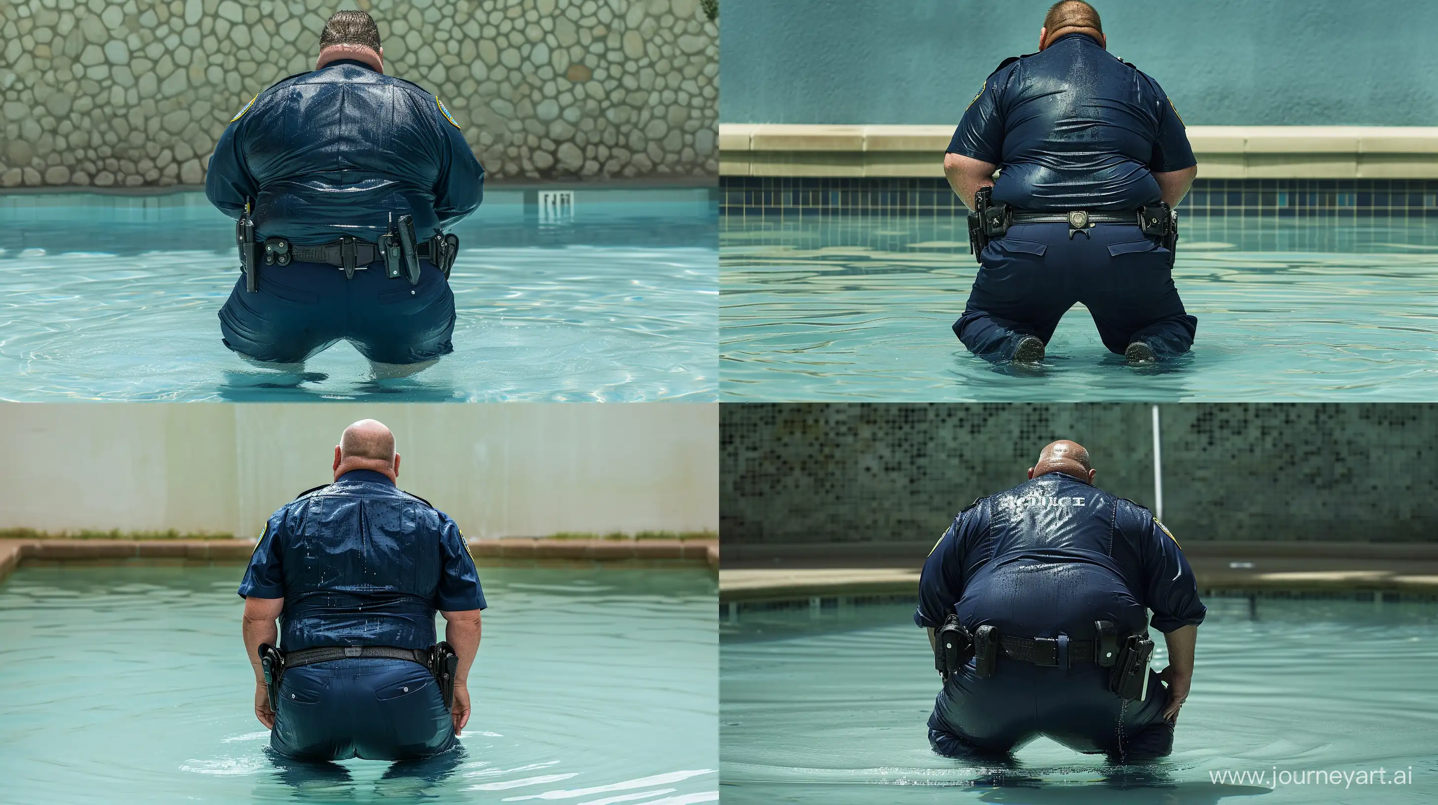 Back view photo of an obese man aged 70. Wearing a wet navy blue police office uniform, pants and shirt. He is kneeling in a shallow pool --style raw --ar 16:9 --v 6