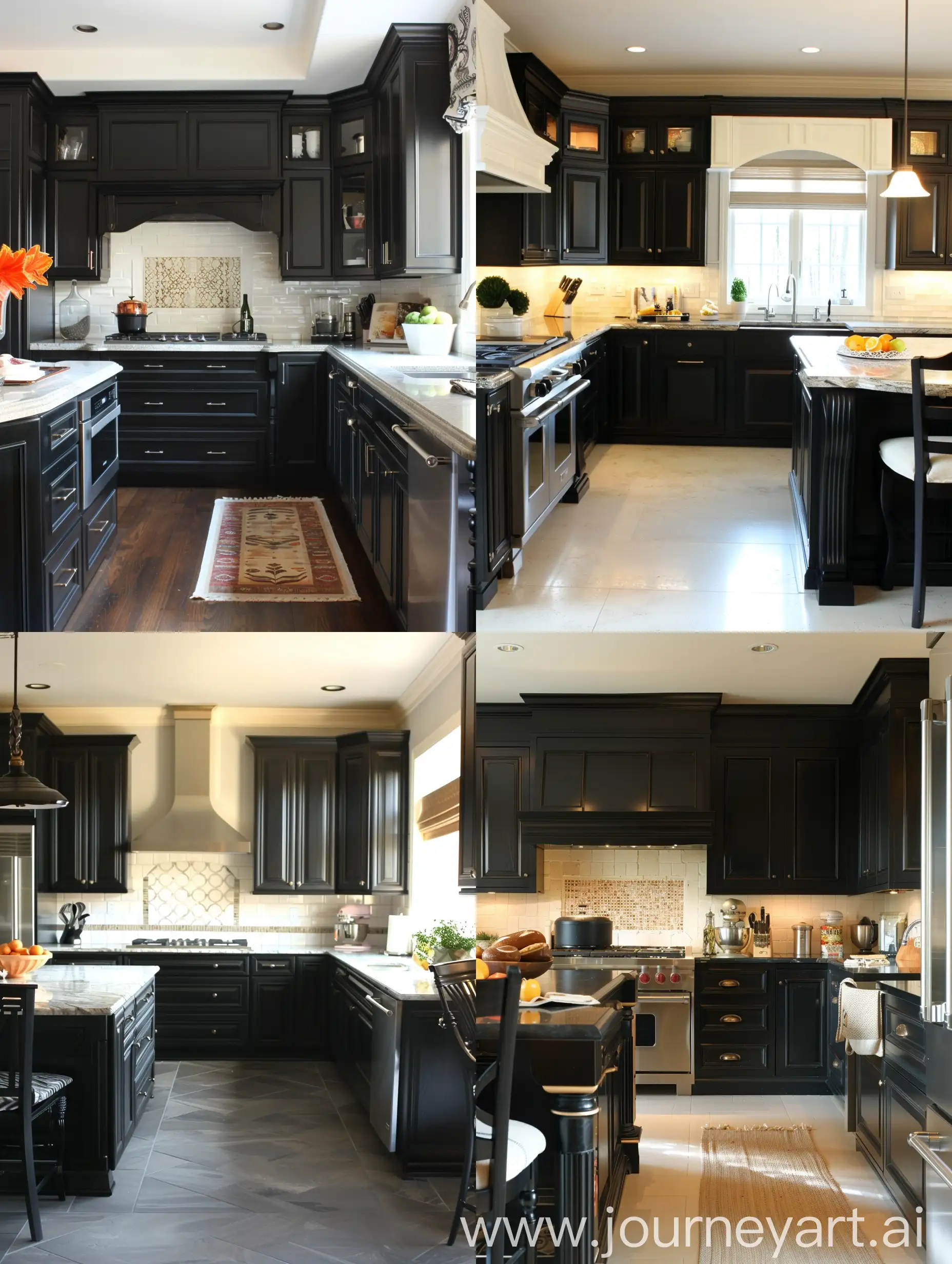 cucina con mobili neri pavimento gres grigio decorazioni crema vista laterale luce calda del mattino