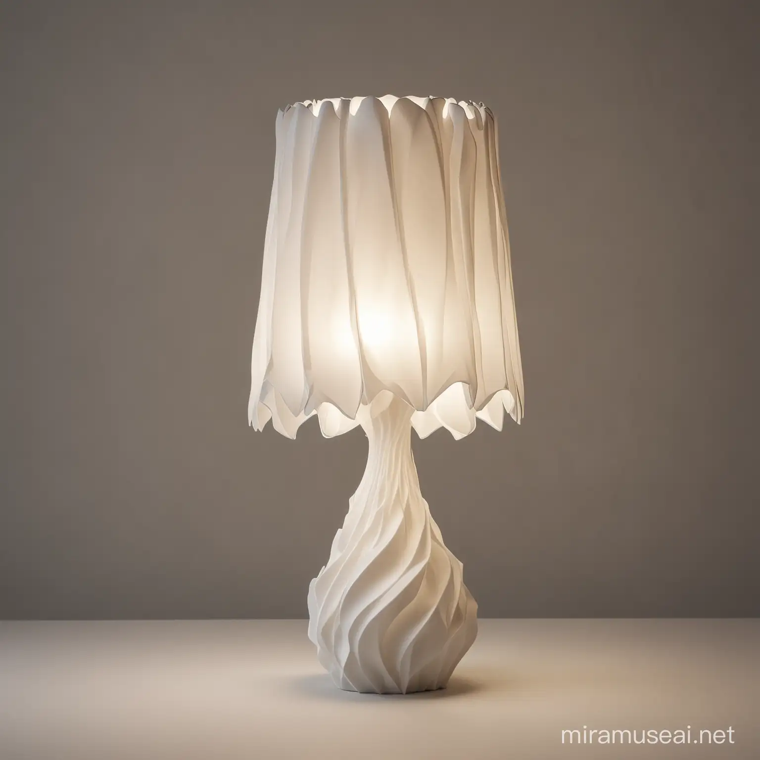 A 3D printed free form, issey miyake-style lamp, cinematic looking with camera depth of field.