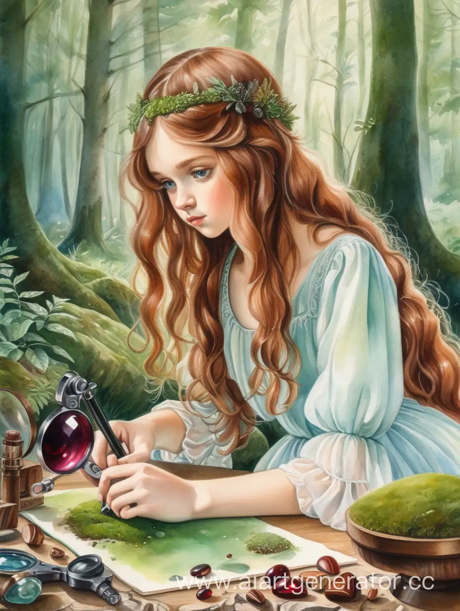 Slavic-Girl-in-Forest-Examining-Stone-with-Magnifying-Glass