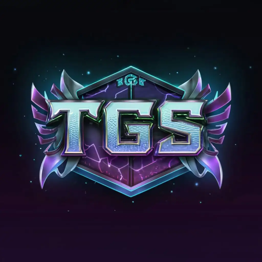 a logo design,with the text "T-G-S", main symbol:a logo design,with the text "T-G-S", main symbol:computer screen with RPG video game aesthetic, letters are in a cool font, [colors are purple, teal, black, blue, green, darker colors], 3D graphics, dragon theme, border is a circle with intricate design, words are displayed in front of an arched window with stained glass dragon, Guild, Warcraft, stars and galaxies background,complex,be used in Entertainment industry,clear background