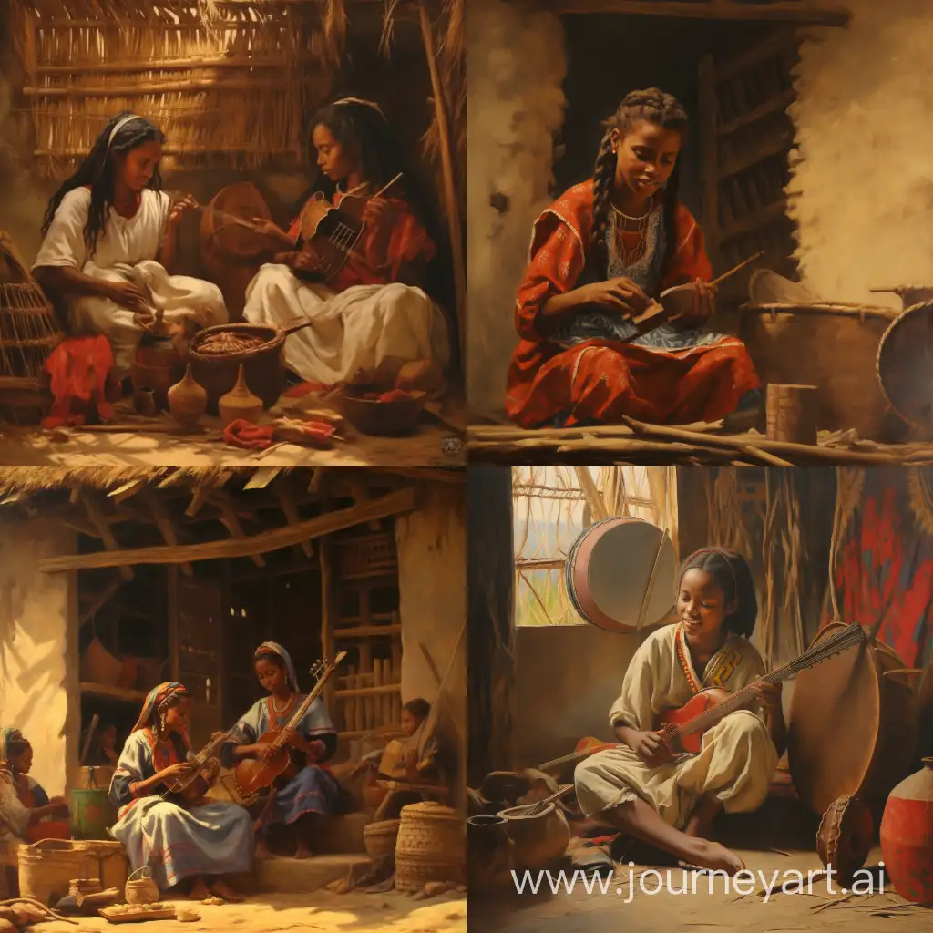 Ethiopian youth sitting in a hut playing music