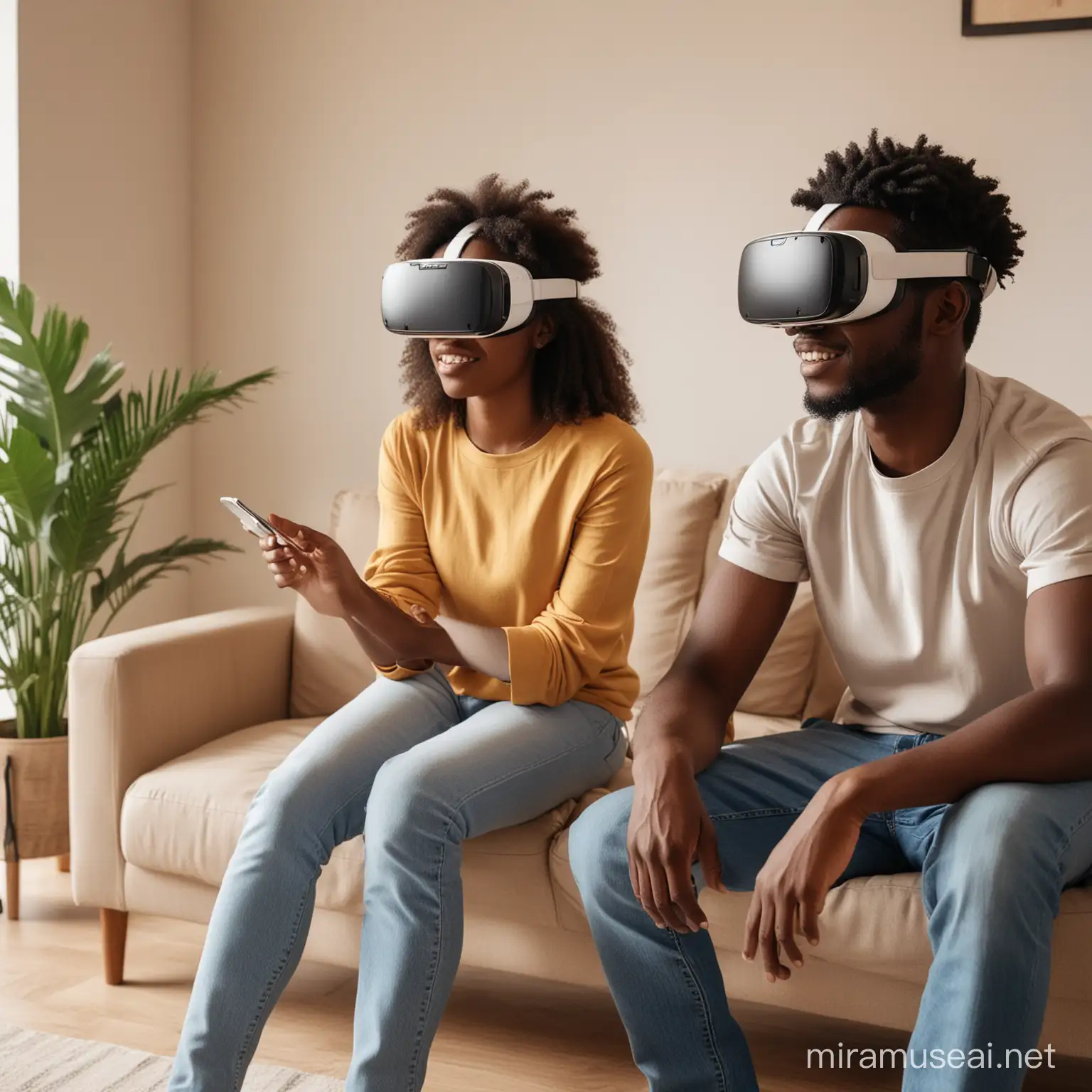 africans people wearing vr glasses in their house 