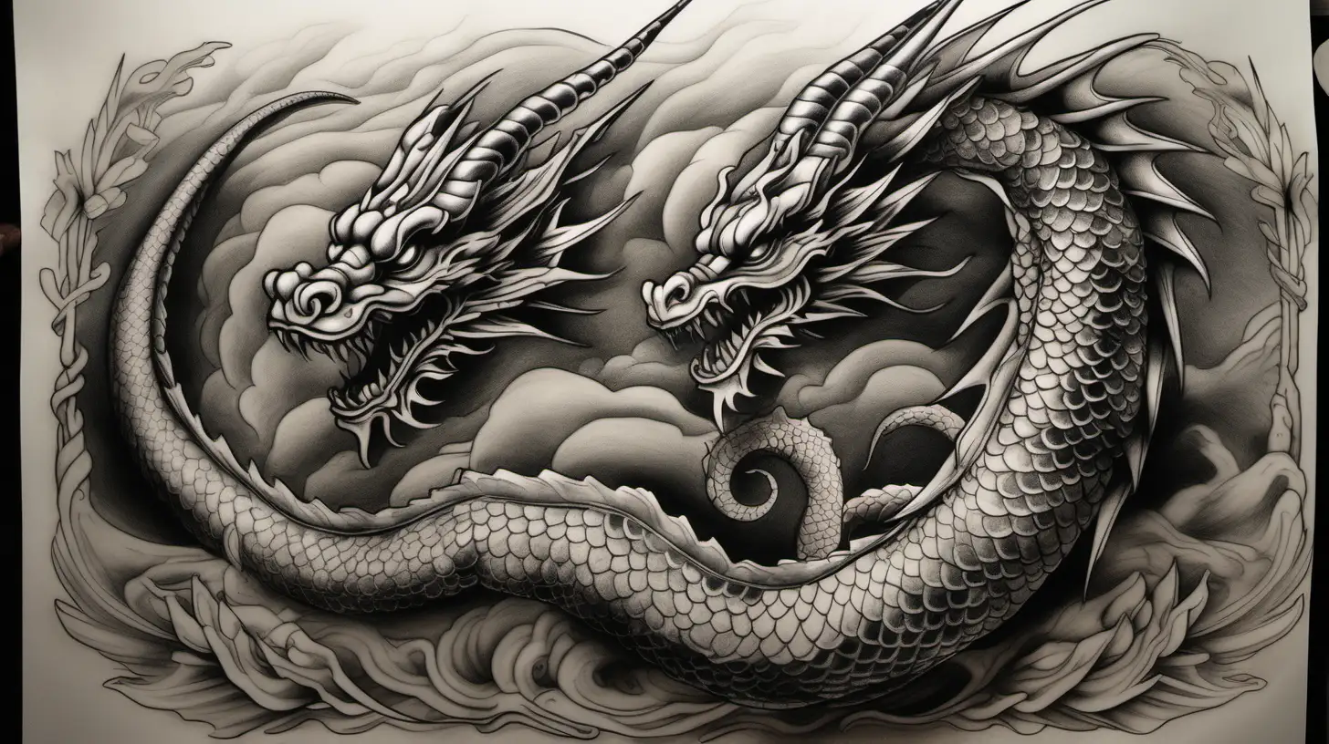 /imagine prompt: [tattoo flash] [no background]
a hyper realistic hand drawing depicting an imposing dragon in the foreground dominating the canvas. Render the dragon itself in an ultra-detailed, photorealistic hyperrealist style showing each individual scale in sharp focus. However, use traditional East Asian brush painting techniques for some parts of dragons body. The background is full white paper.