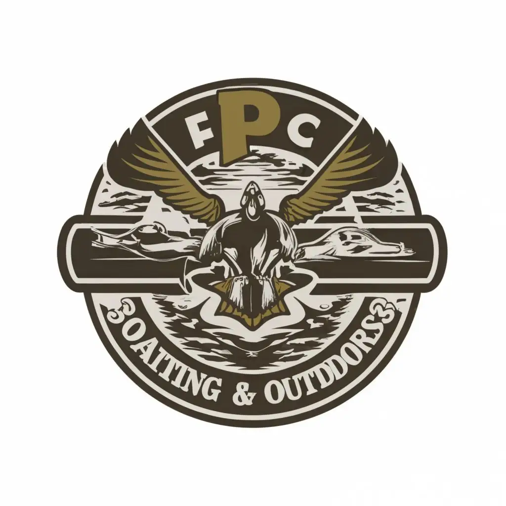 logo, duck call, with the text "FPB
custom boating & outdoors", typography