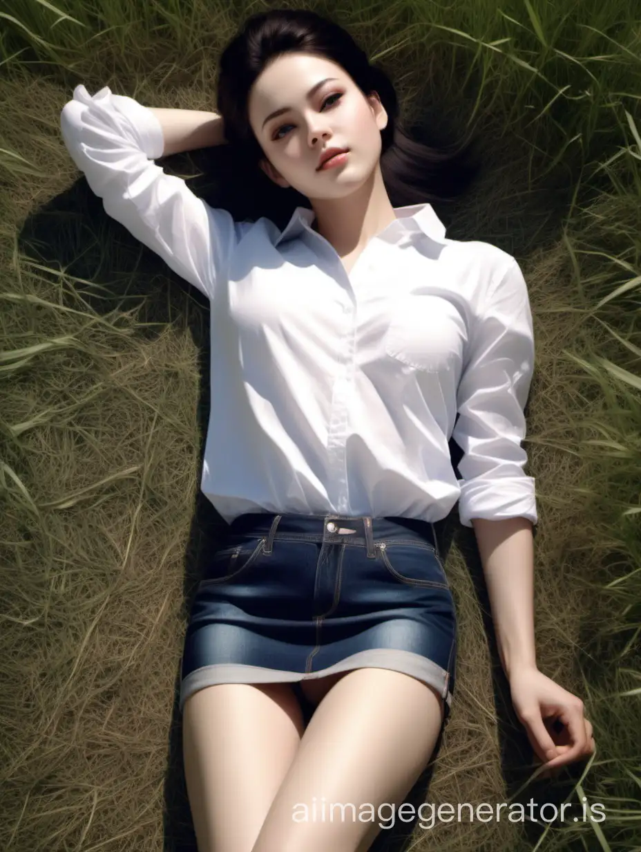 The forty-year-old woman lies on her back in the meadow. She is wearing a white shirt and white panties. On top, she has on a short, tight-fitting denim skirt. She possesses an elegant and graceful figure with proportional shapes. Her height is average, and she appears slim and toned. She has an oval face with soft features, which give her a delicate and feminine appearance.The woman has beautiful brown eyes, which usually look clear and expressive. They add a special charm and depth to her face. Her eyebrows are neatly maintained, enhancing her overall look.Her black hair is usually styled in various ways, but she is often seen with a short haircut or tied up in a neat bun. Her hair adds another bright accent to her charming appearance, 8K UHD, realistic skin texture, full body in image