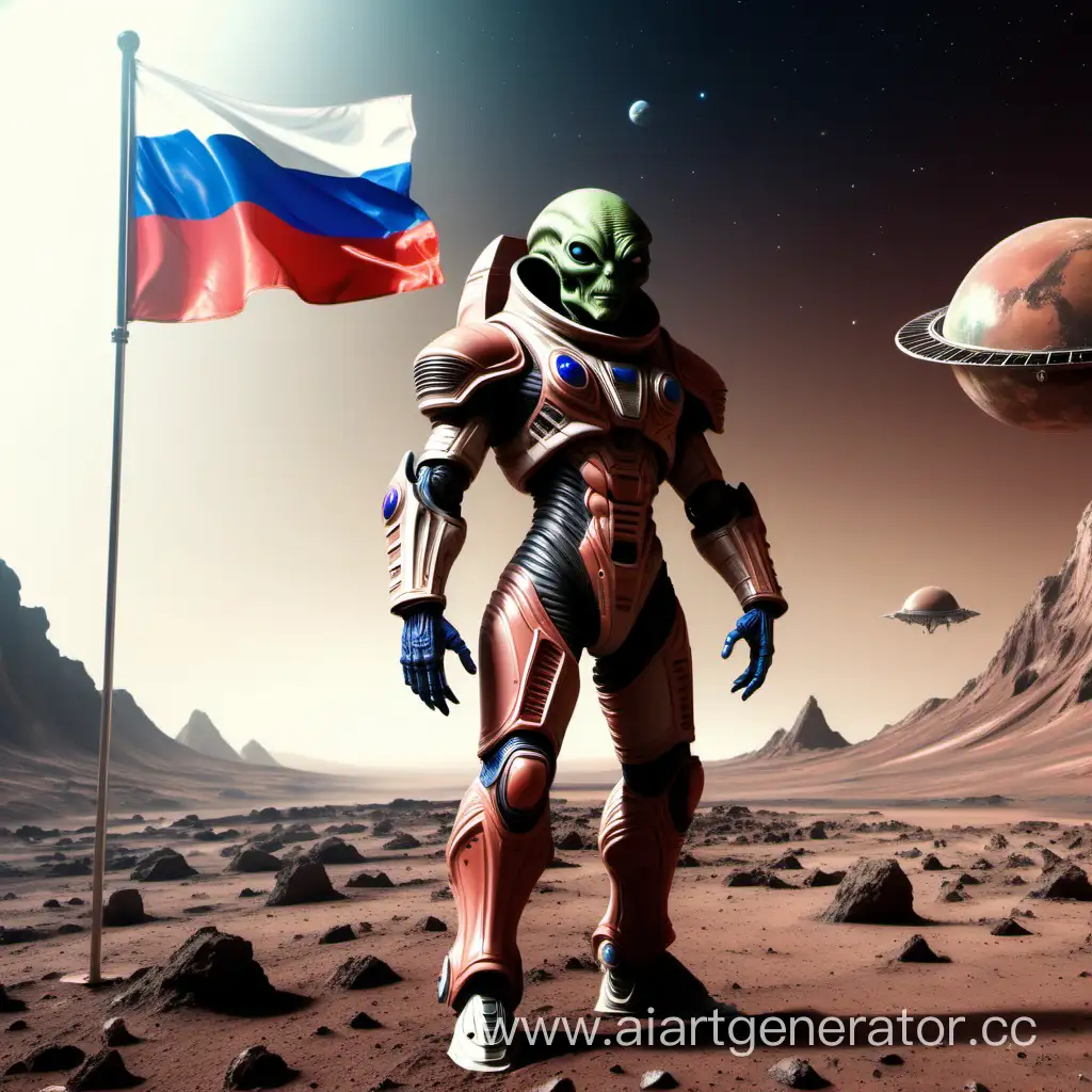 пришелец в броне на марсе на фоне космоса и корабля с флагом россии в руке