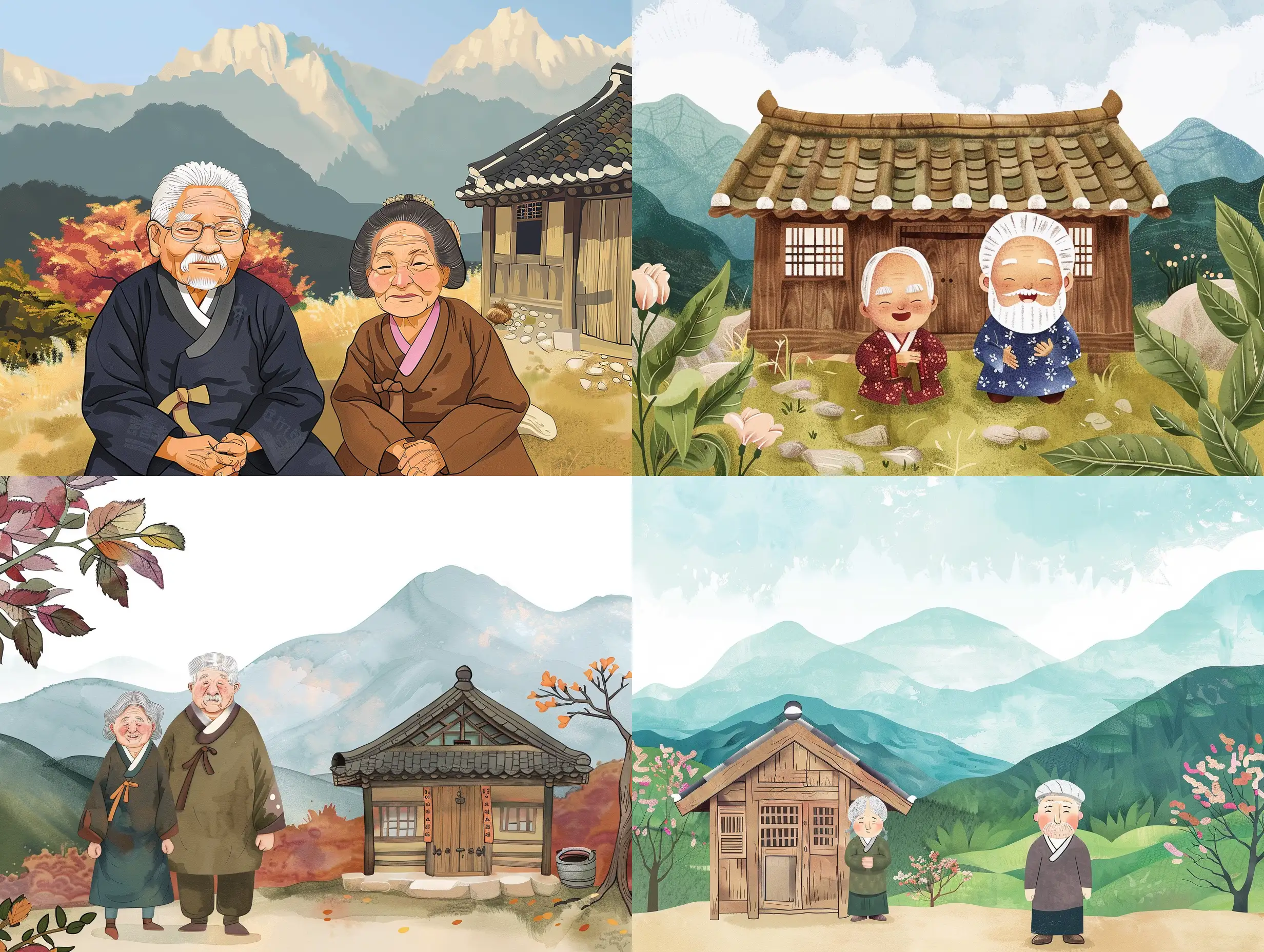 Illustration like fairytale about old Korean man and old Korean woman, they live in the small wood house near the mountains. They have no children
