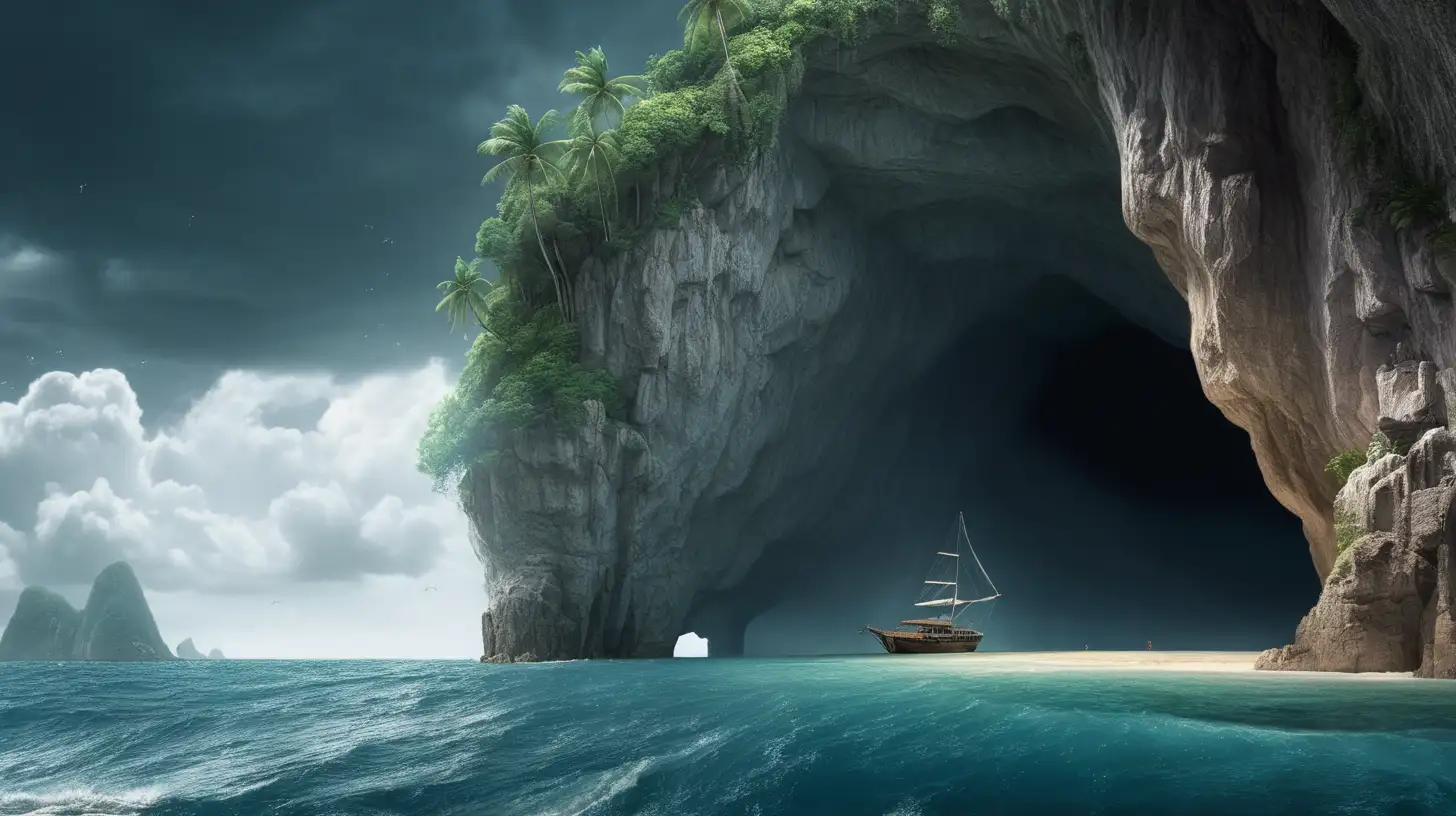 tropical island with a 100 meter tall cave in a stormy sea