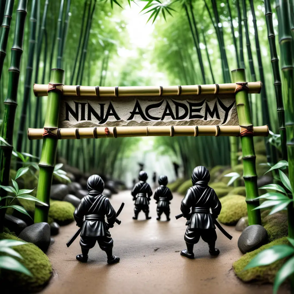 Ninja Academy Sign Carved in Stone amidst Bamboo Forest with Two Young Ninjas