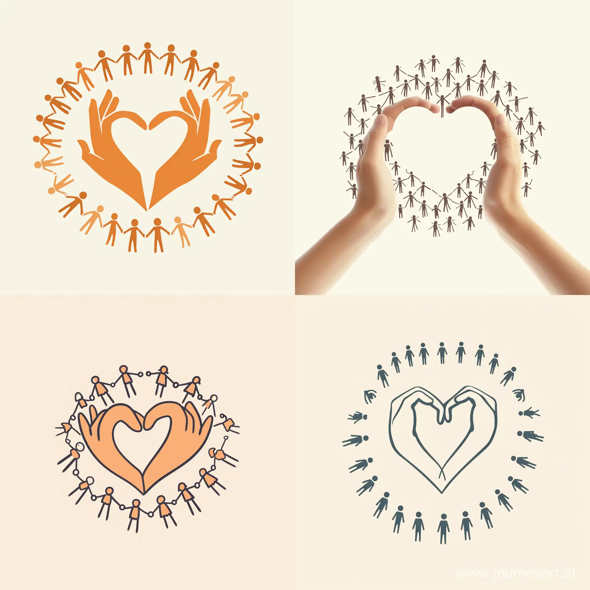 Сделай логотип, где посередине две руки формируют фигуру сердца. (Я приложил картинку с примером рук). А по кругу держатся за руки фигурки человечков. При этом лого должен быть лаконичным, элегантным, светлым и воздушным.