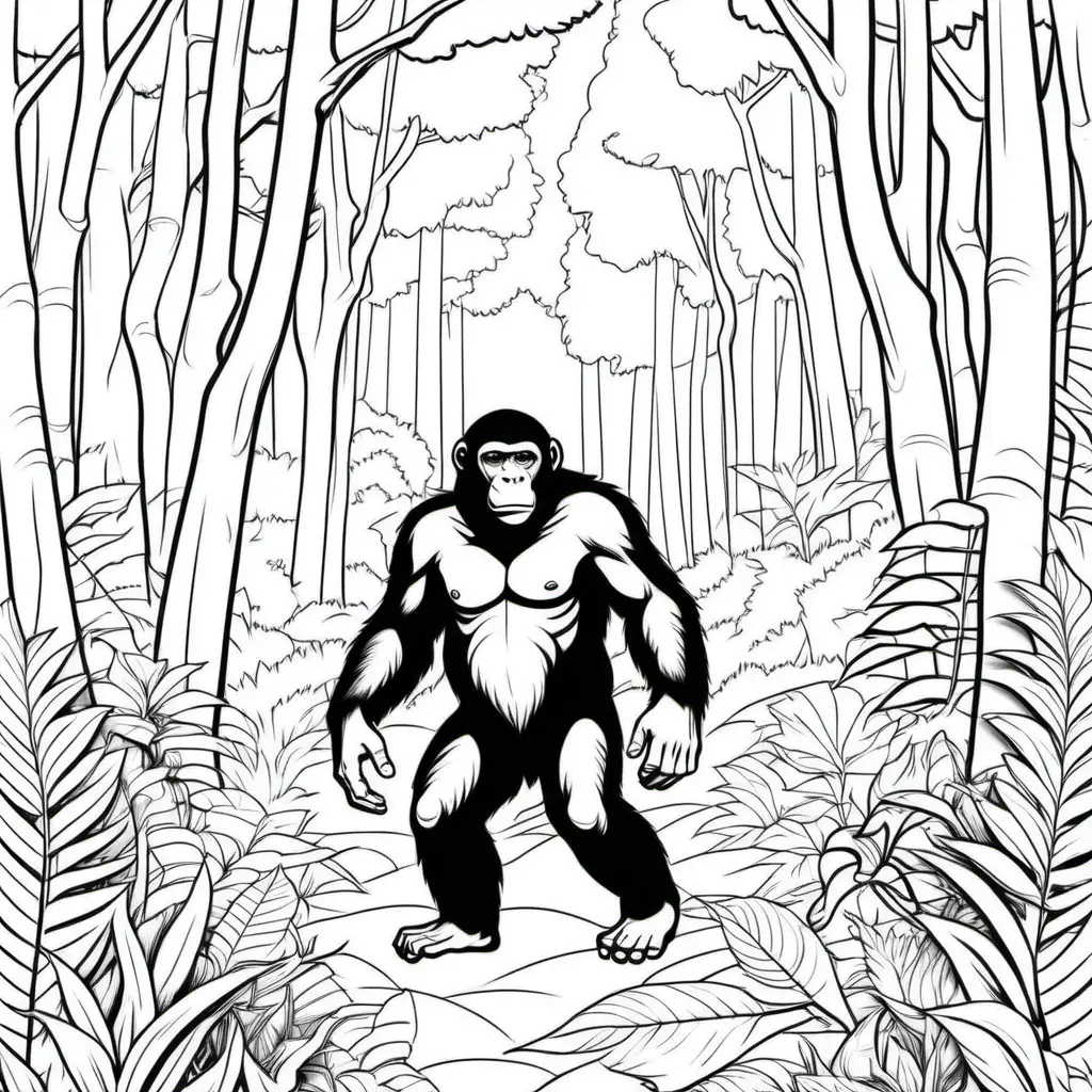 simple black and white coloring book drawing of ape in the forest 