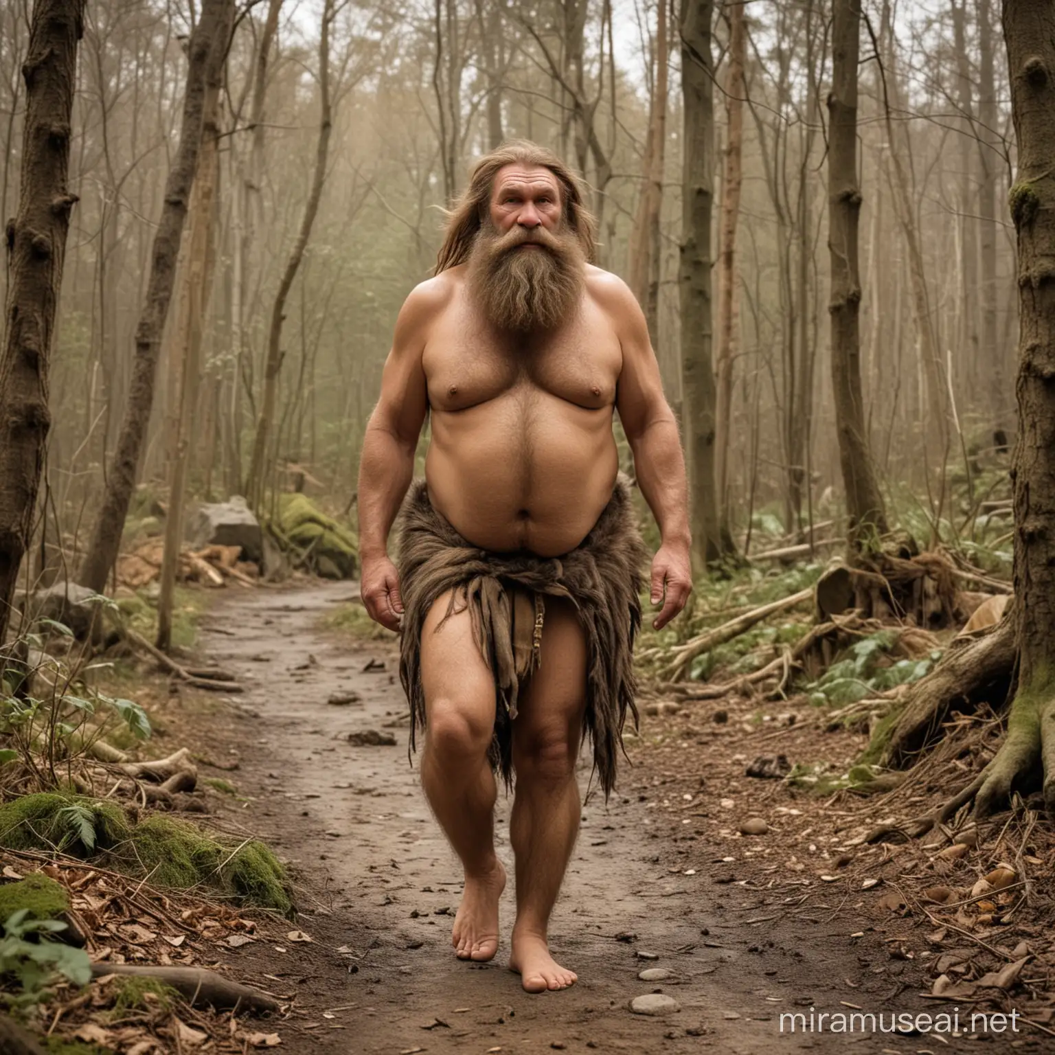 neanderthal,historic human,hairy,long beard,Mess hair,old age,chubby,dumpy,primitive,naked,deep forest,fur loincloth,full body,hiking,barefoot,large feet