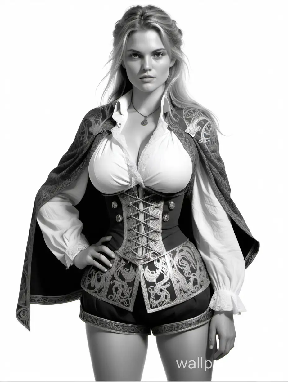 Young Kate Apton, a Russian girl bard, with light hair styled intricately, large breasts size 4, narrow waist, wide hips, fabric shirt with a deep neckline laced with dragon-shaped embellishments, shorts with metallic overlays and lacing, a short cloak on the right shoulder, black and white sketch, camera slightly angled, white background