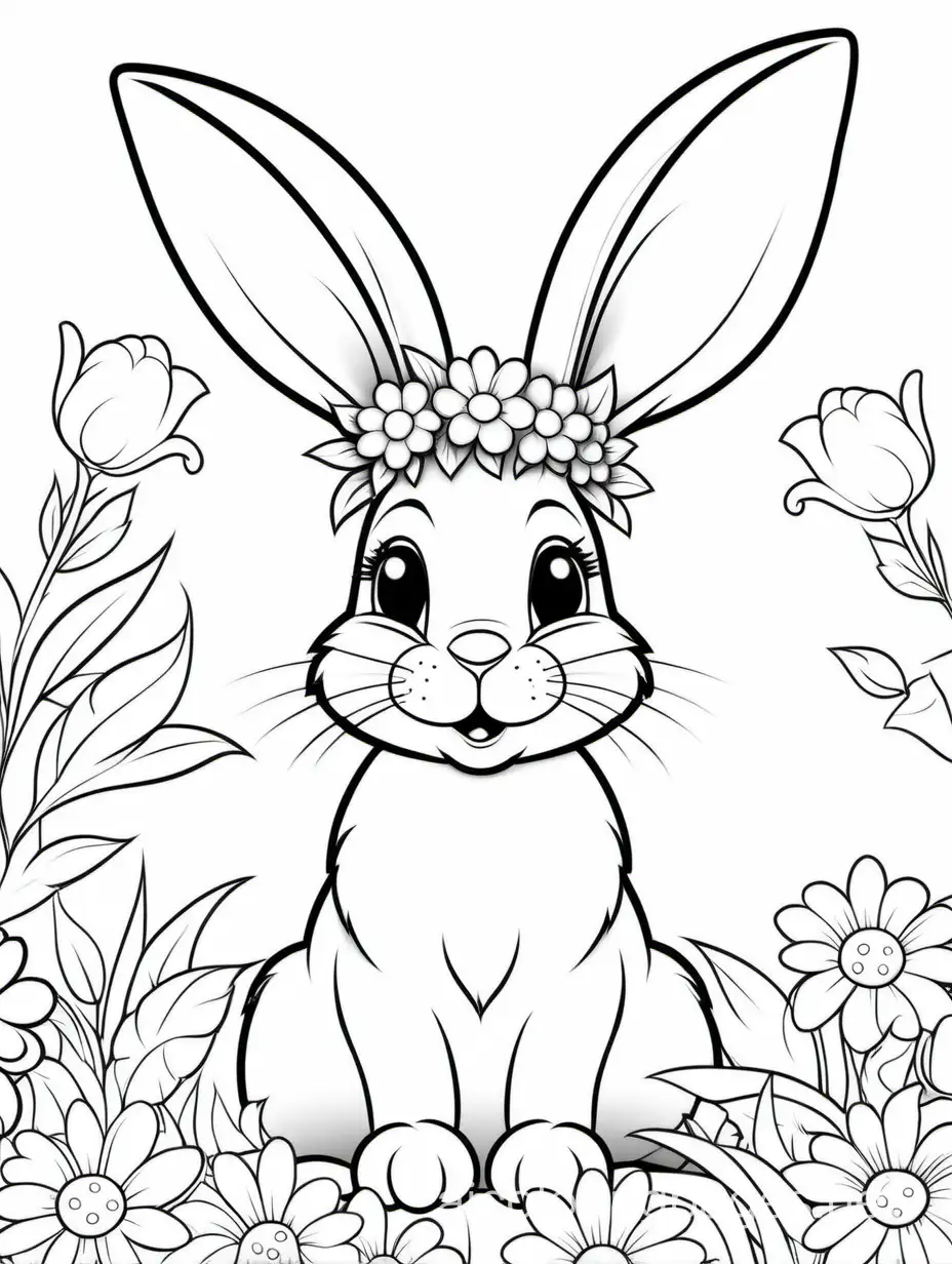 A realistic Easter bunny wearing flowers on its head, Coloring Page, black and white, line art, white background, Simplicity, Ample White Space. The background of the coloring page is plain white to make it easy for young children to color within the lines. The outlines of all the subjects are easy to distinguish, making it simple for kids to color without too much difficulty