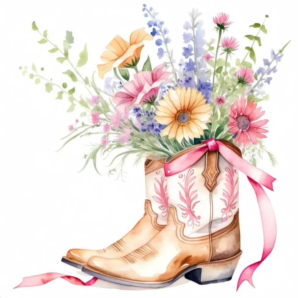watercolor illustration of light colored cowboy boots, wrapped with  a pink ribbon, next to a  bouquet of wildflowers, white background