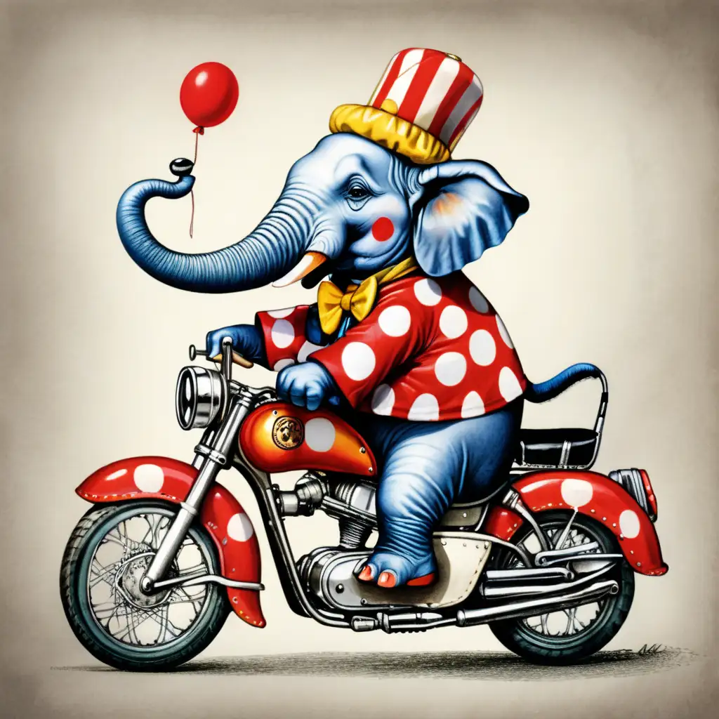 elephant dressed as a clown riding a motorcycle