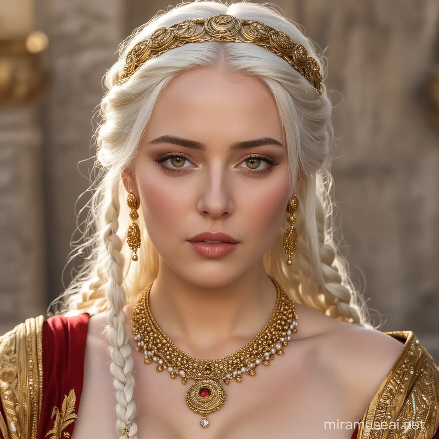 Empress from Ancient Rome, with pure white hair, with braided hair, with very pale skin, with a lot of golden jewelry, with a button nose, with full lips, with black eyes, makeup free, without a crown, with a feminine gown, with big breasts 