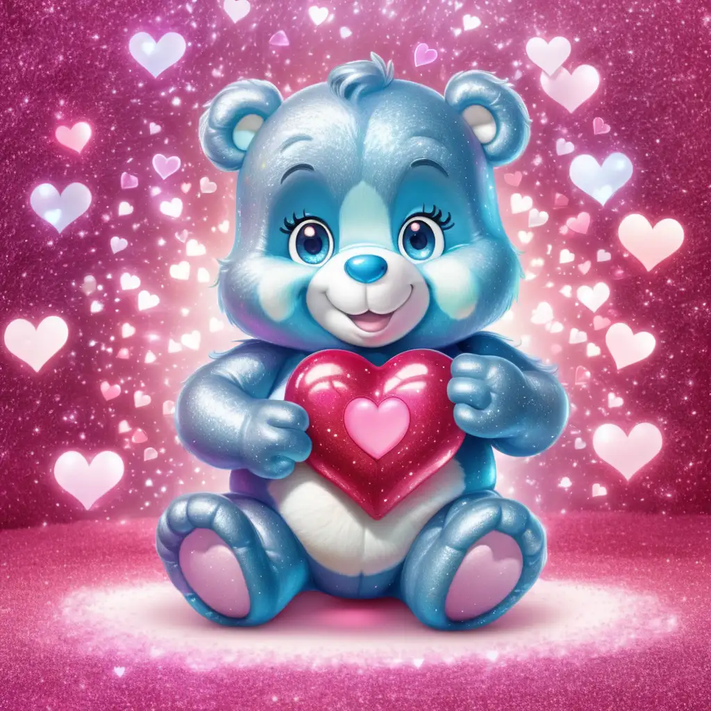 care bear with glowing heart on the belly, beautiful valentine background, glitter, sparkle, glowing, with valentine card