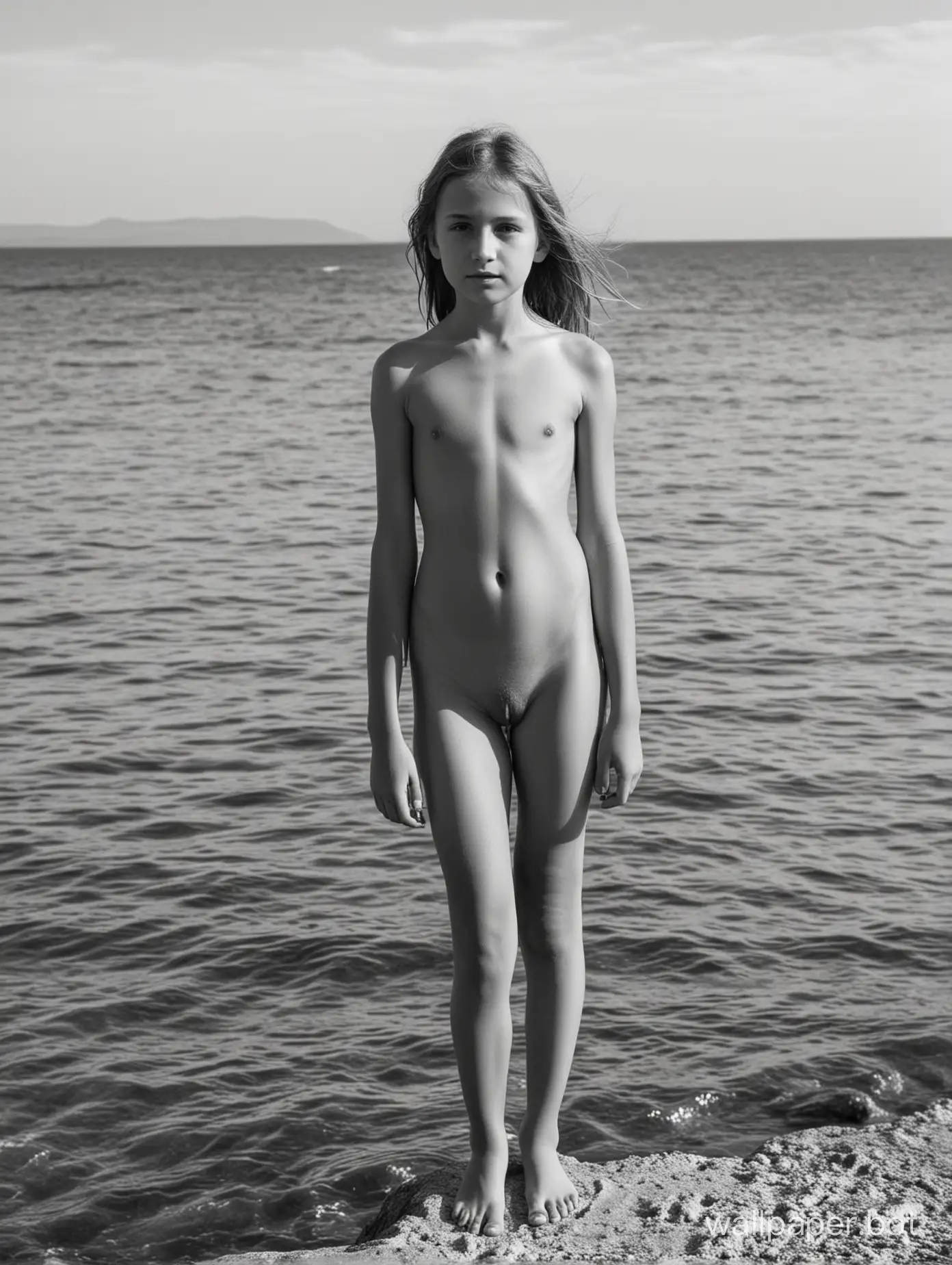 Young-Soviet-Girl-Posing-Dynamically-by-the-Crimean-Sea-with-Crowded-Beach-Scene-in-Black-and-White
