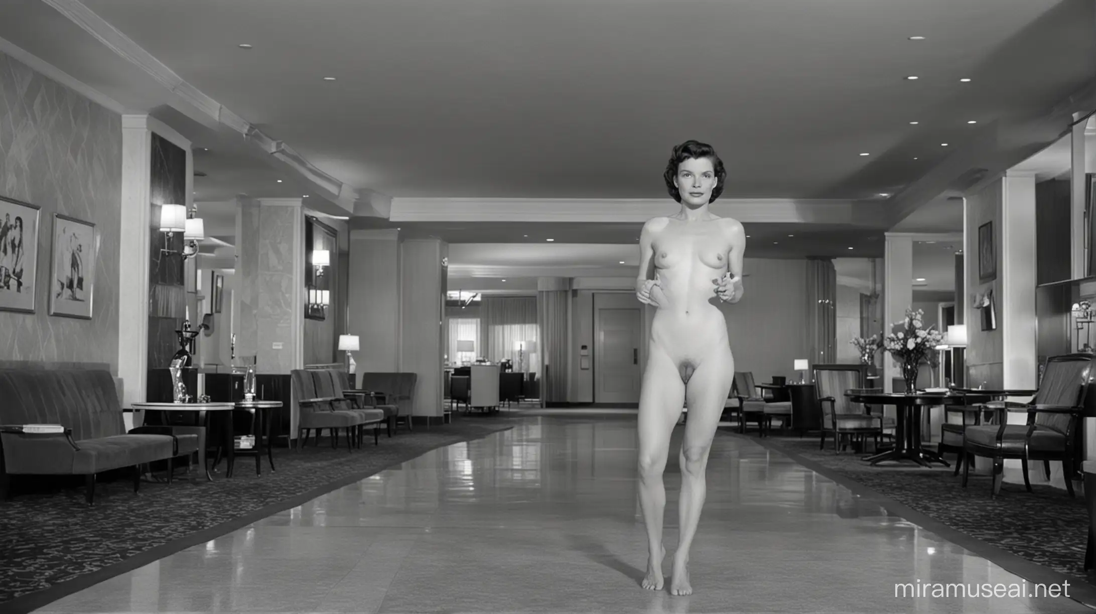 Nude katharine hepburn, 1950's hollywood, wide angle, hotel lobby