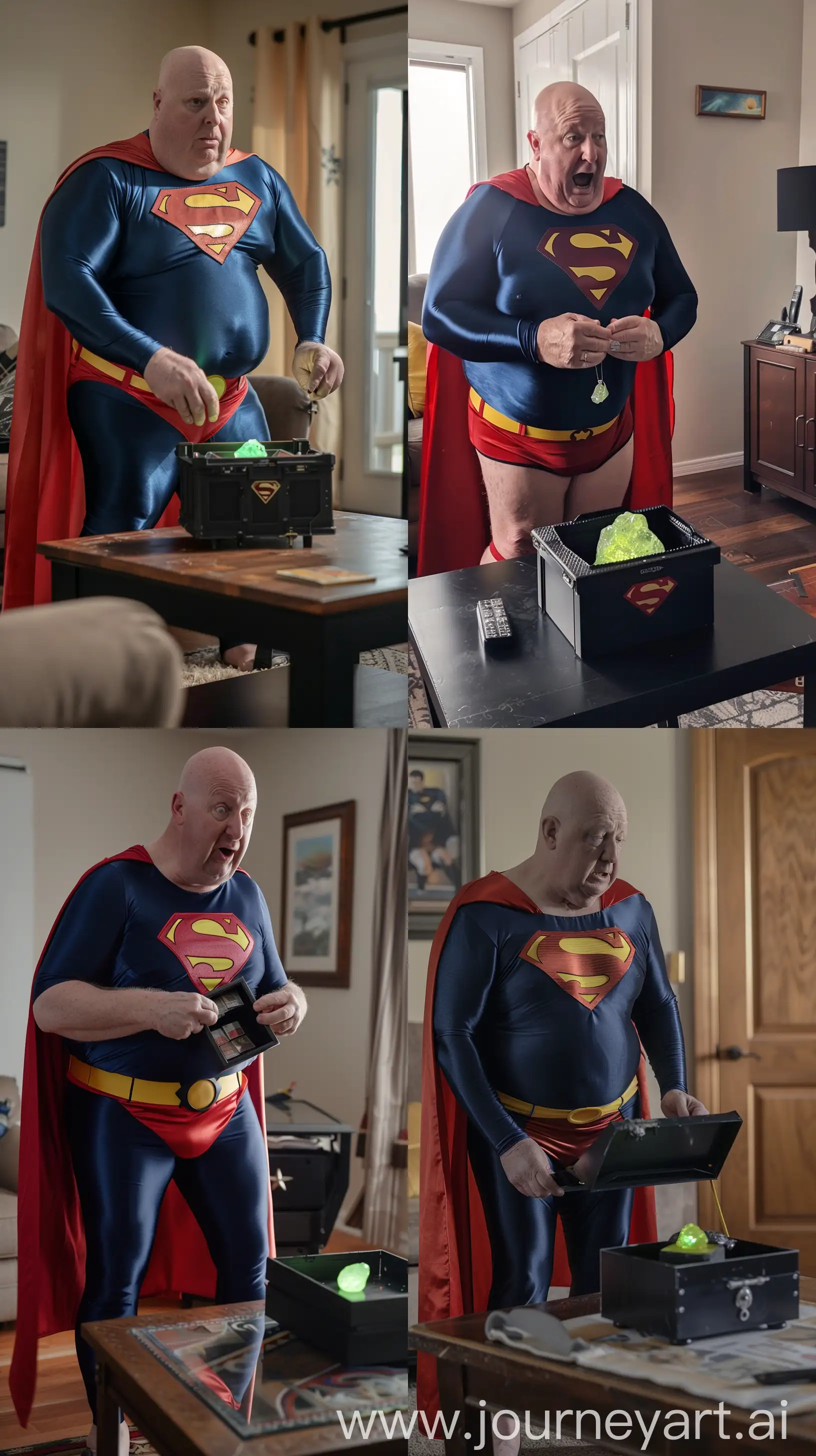 Front close-up photo of an afraid fat man aged 60 wearing silk navy blue complete superman tight uniform with a large red cape red trunks, yellow belt. Opening a small black metal box placed on a table containing a small bright green glowing rock. Inside a living room. Bald. Clean Shaven. Natural light. --ar 9:16