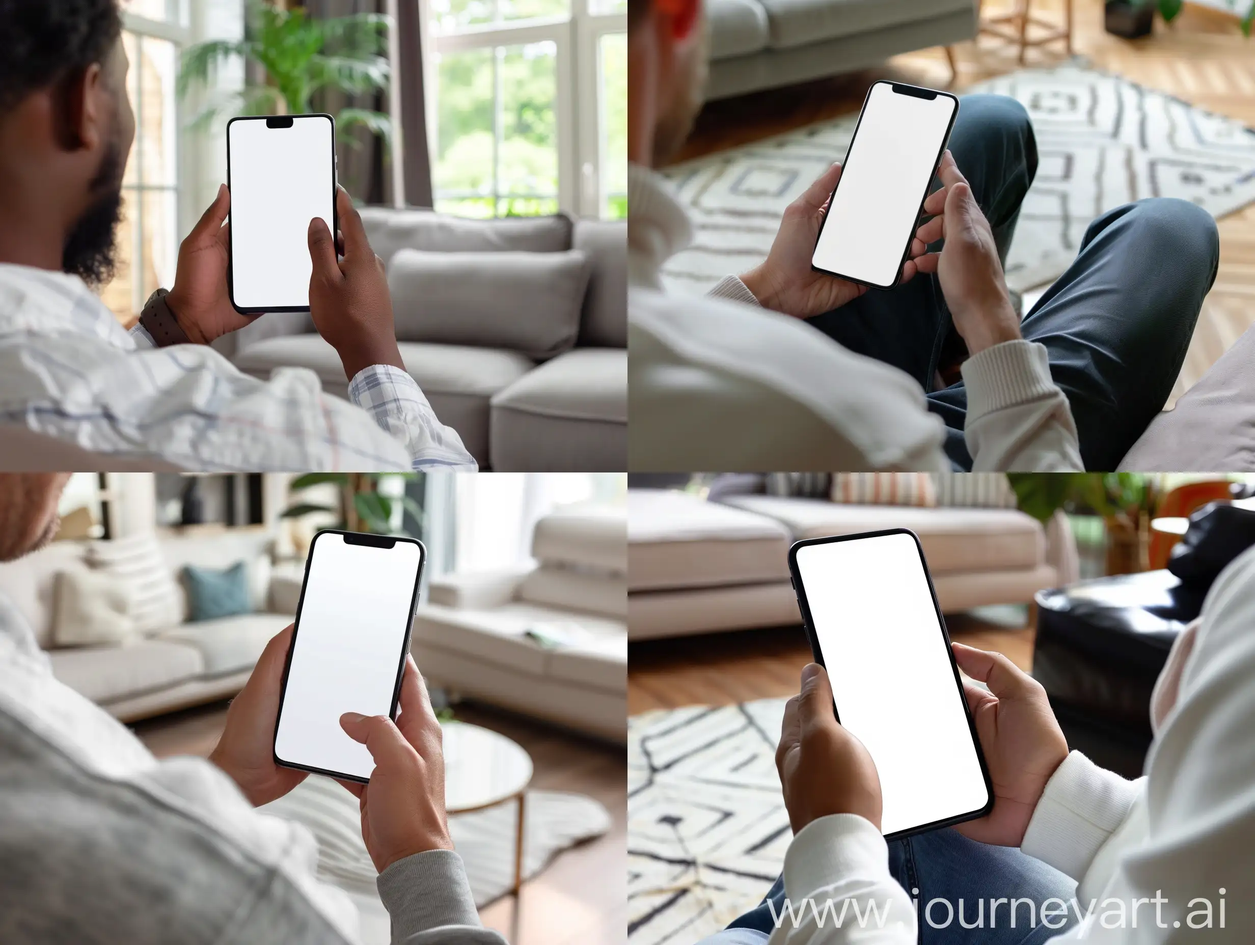 Man using smartphone frameless mockup blank screen in home interior