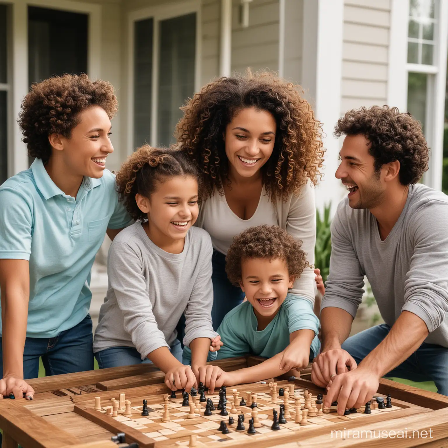 A 30 year old woman with curly hair with her three children and her men  Husband in their beautiful home play games outside