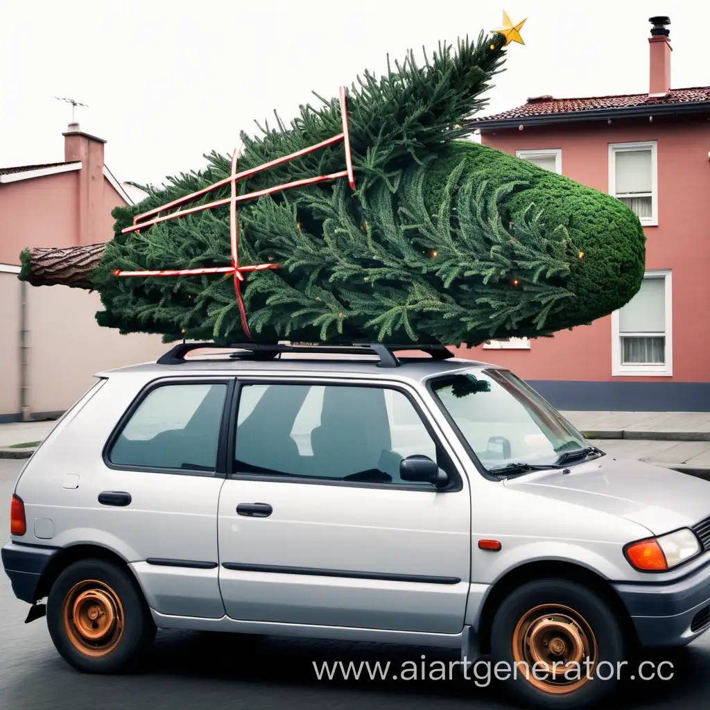 Festive-Car-Adorned-with-a-Christmas-Tree-on-the-Roof