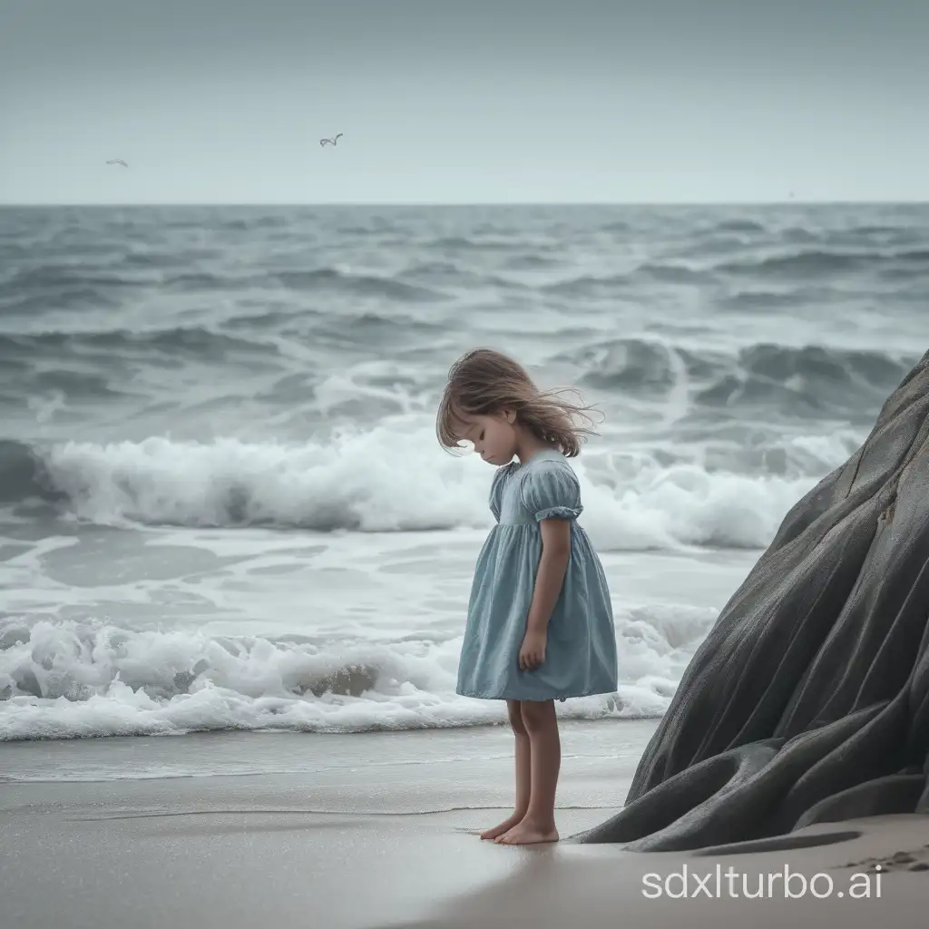 A little girl on the edge of the sea and she is sad