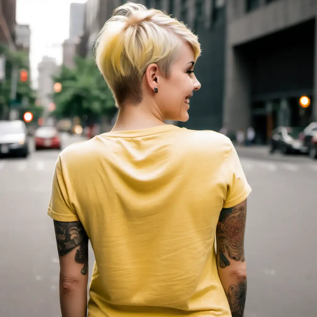 blonde woman, pixie cut, tattoos, completely blank yellow tshirt, in the city, back towards the camera, smiling
