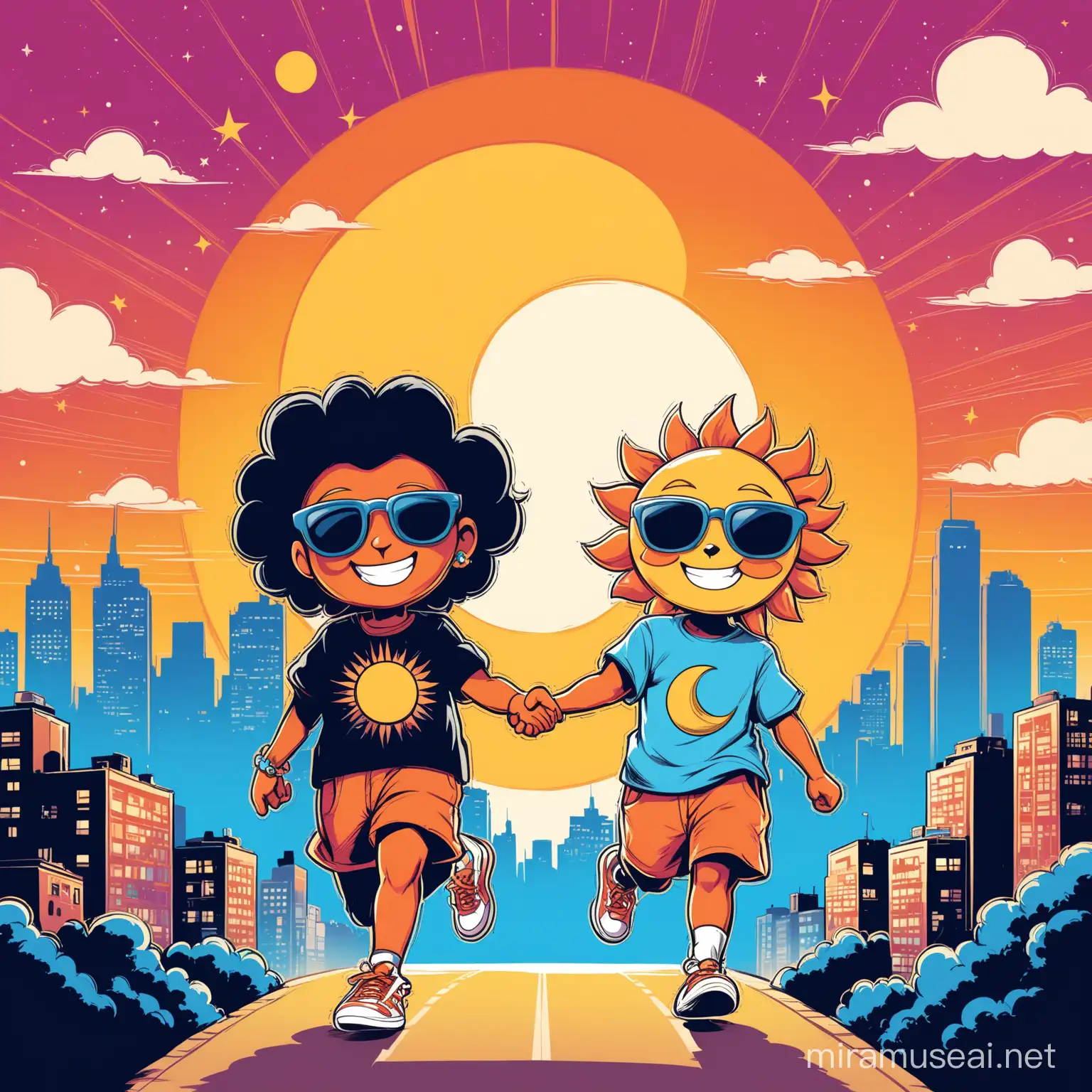 A charming retro-inspired illustration of a groovy sun and moon mascot, wearing stylish sneakers and walking together. The sun sports a cheerful smile and a pair of cool sunglasses, while the moon is a little more mysterious, with a crescent smile. The background is a vibrant, nostalgic scene with a city skyline, puffy clouds, and a setting sun. For t-shirt design
