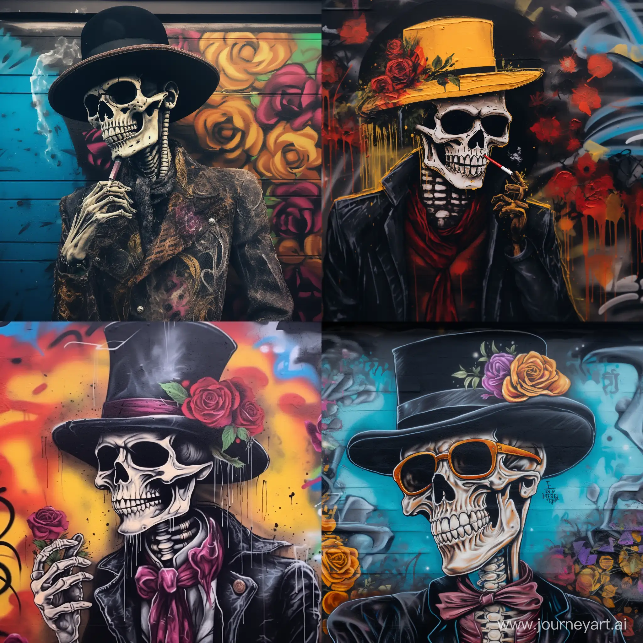 Zugaretten rauchendes skelett mit mütze 
im graffiti style
