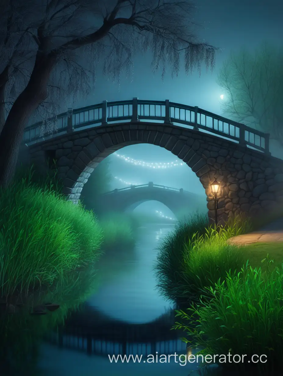  ночная река с каменным мостом и большие ивы с красивыми ветвями и длинными листьями плывёт туман 