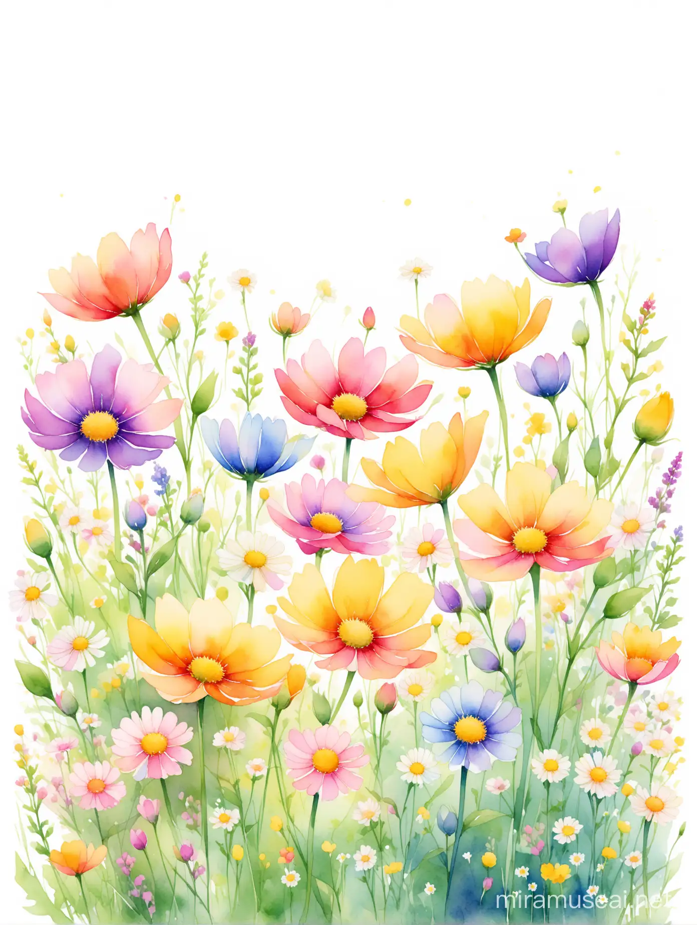 Delicate flower meadow type flowers, colourful, watercolour style, no background 