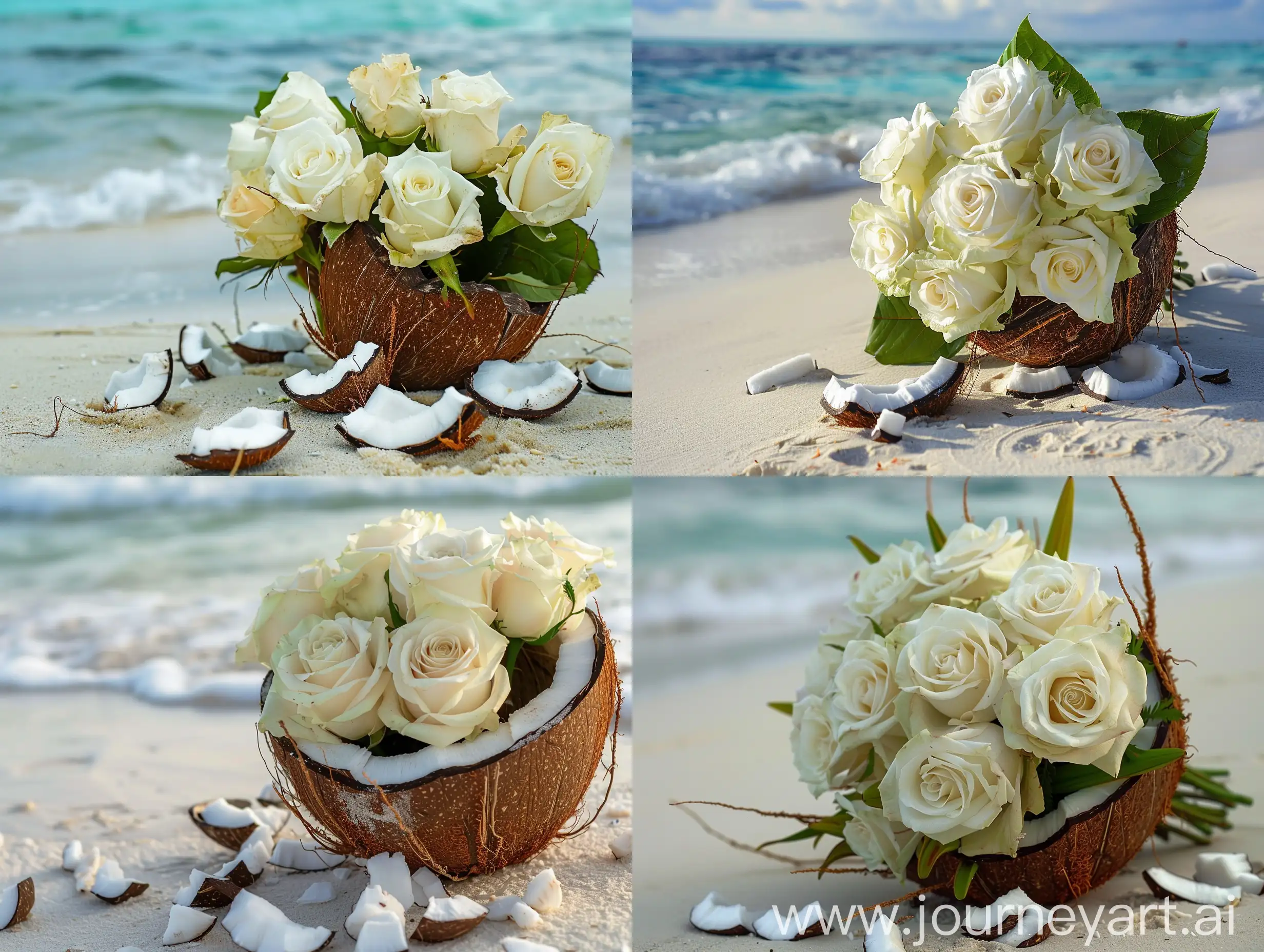 Elegant-White-Roses-Bouquet-Resting-in-a-Broken-Coconut-on-Maldives-Sandy-Shore