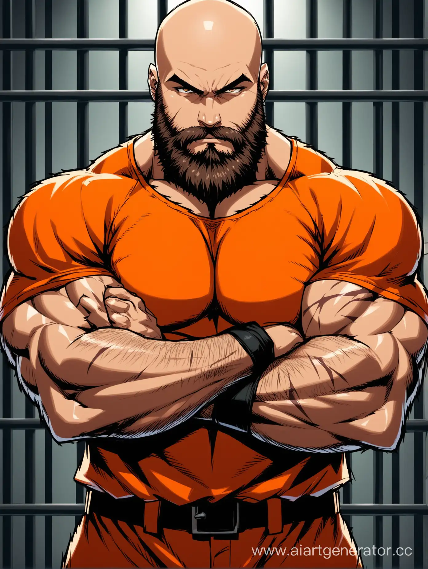 bald muscular man with a beard, brutal man, serious face, thick beard, stern look, huge muscles, crime boss, criminal, dangerous prisoner.  Dressed in an orange prison suit.  Crossed his arms.  The beard is medium length and dark chestnut in color, the eyes are gray.  Scar on the face crossing the eyebrow