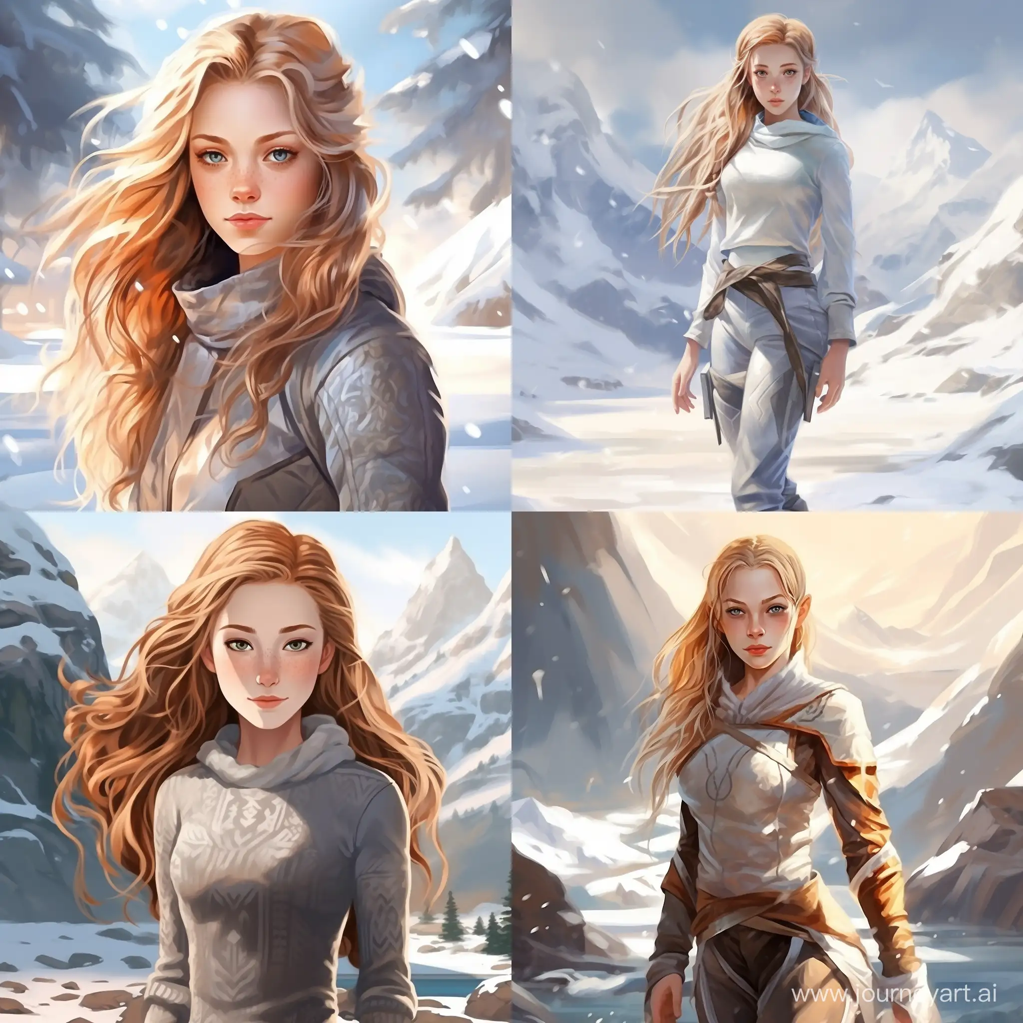 Beautiful girl, golden hair, gray-blue eyes, snow-white skin, teenager, 14 years old, in the style of avatar legend of aang, full-length, high quality, high detail, cartoon art