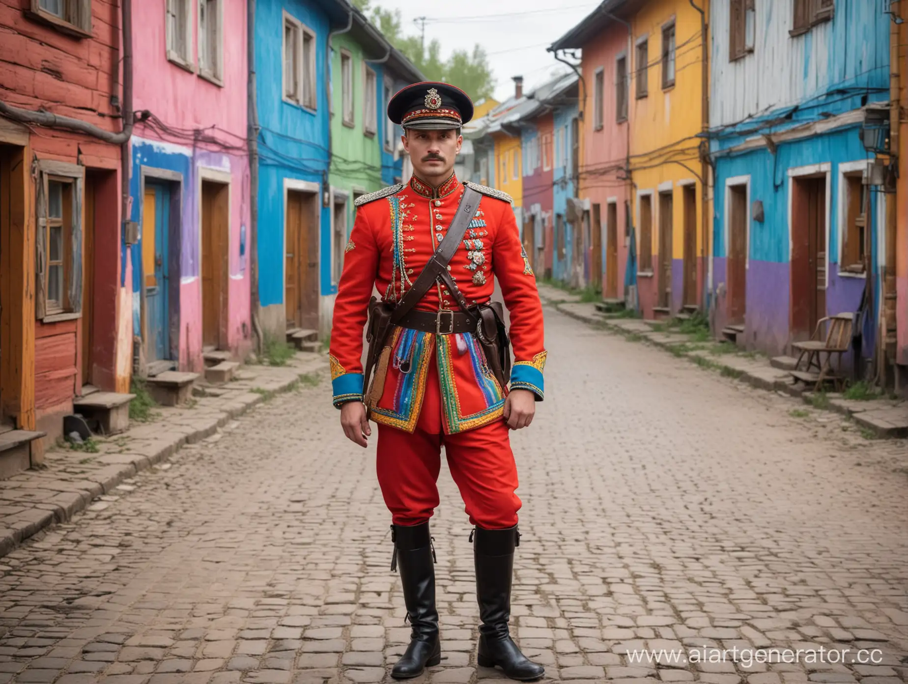 Ярко одетый военный. в яркой разноцветной форме. грабит старую русскую красочную деревню с красивыми людьми одетыми в разноцветную одежду. Вся одежда всех людей раскрашена во все цвета радуги.