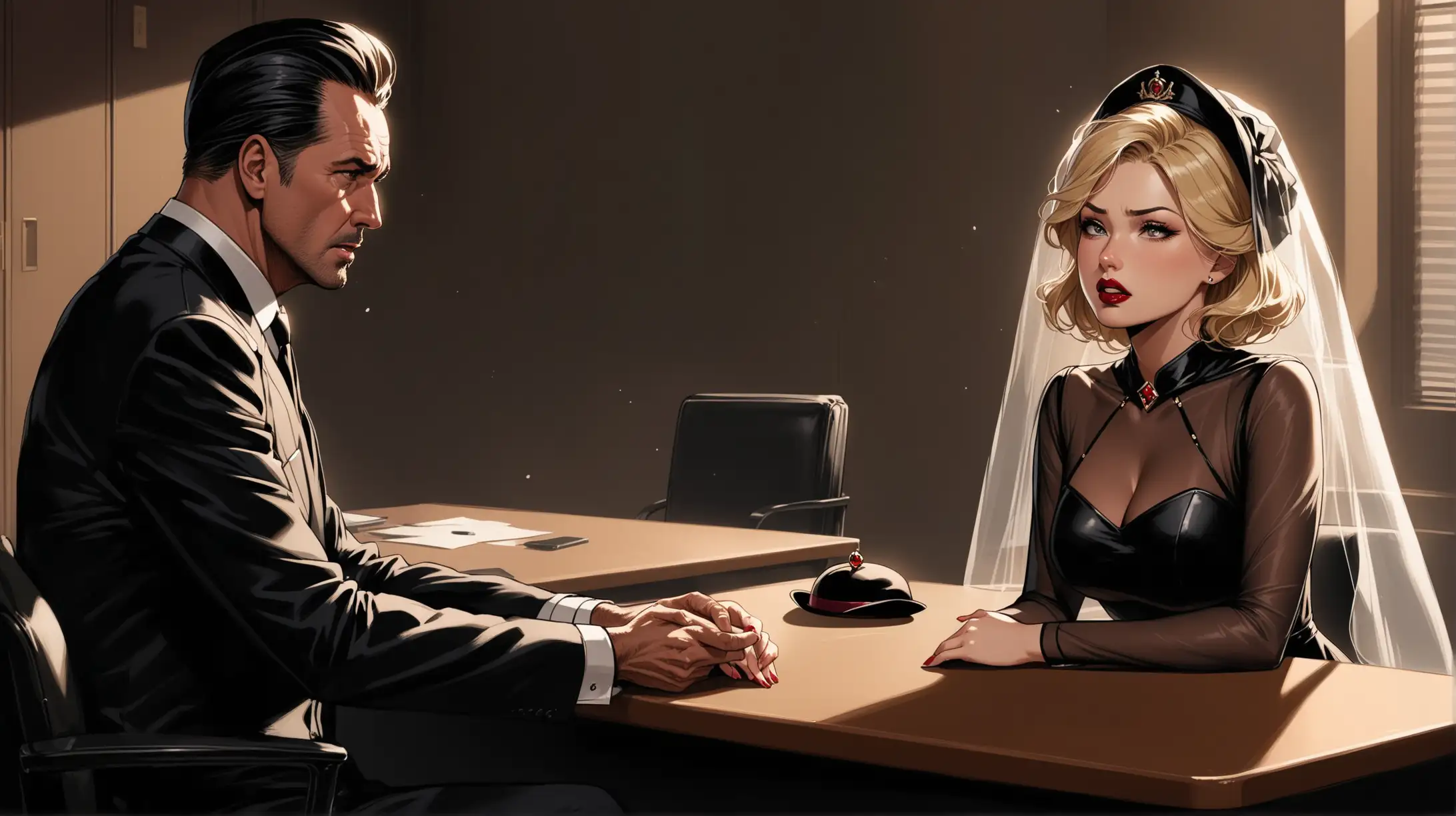 A full body of a A beautiful blonde woman with full red lips sits across from a man in his 50’s her facial expression is devastated. She wears a black small pin hat with a short black veil and a leather and sheer black dress. She demands answers from the man. He wears a black suit and sits calmly at his desk 