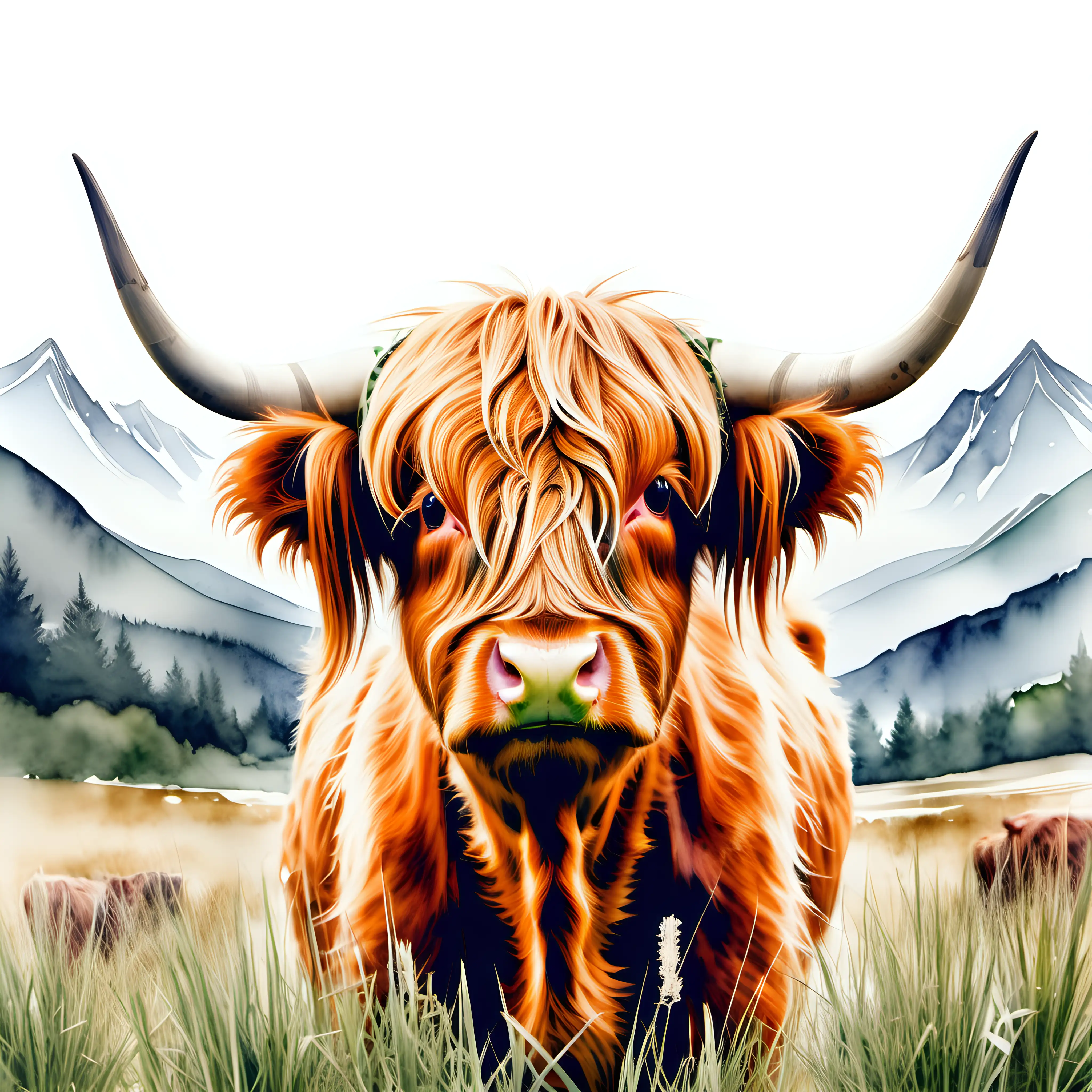 highland cow eating grass lookinginto the camera in a boho watercolor style

