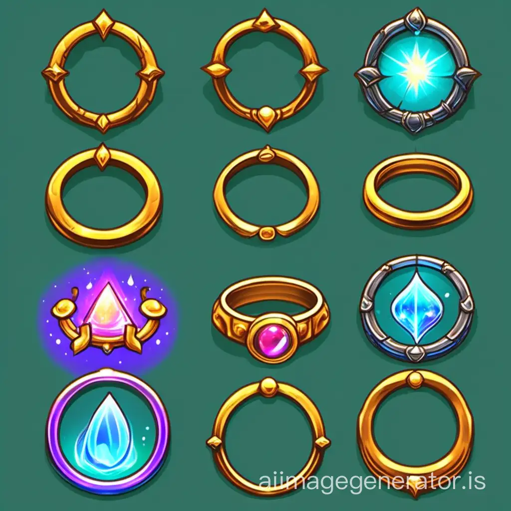 Draw a set of icons for round magical rings. Fantasy 2D vector graphics style