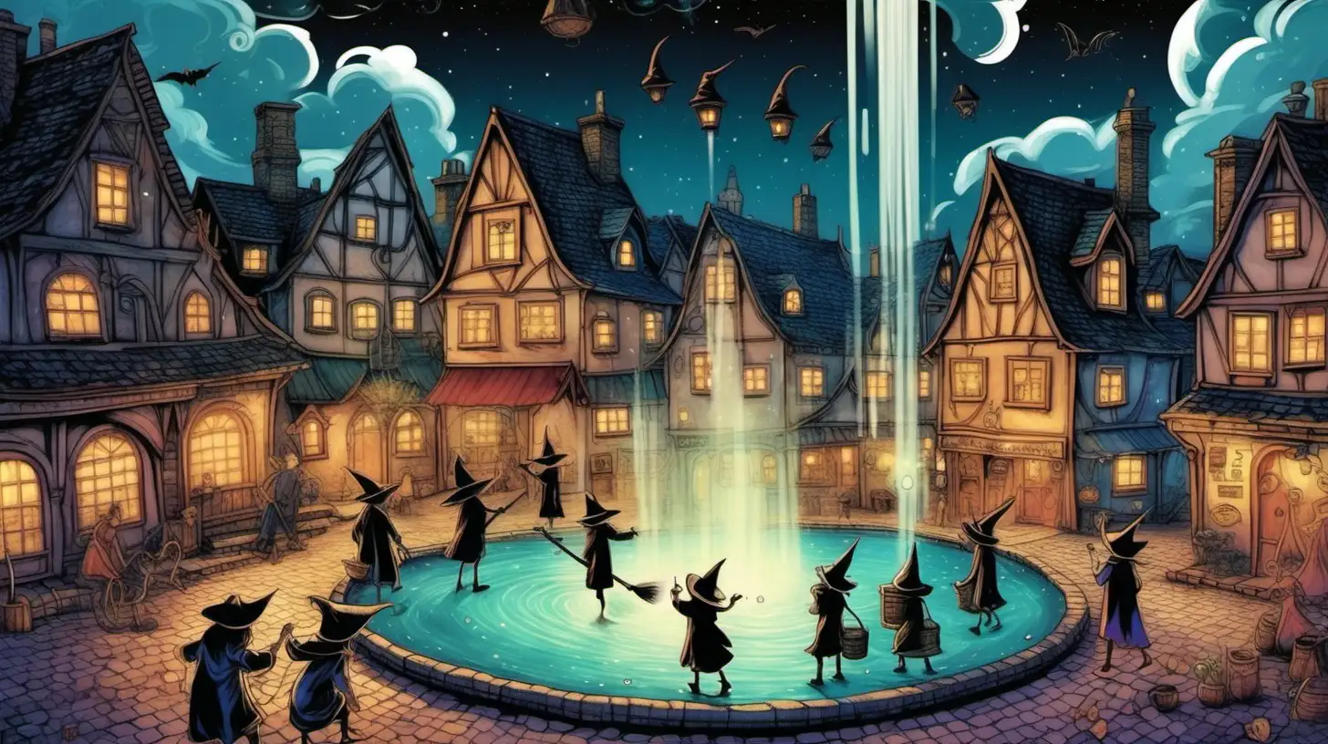 illustrate in a large square in the center of the magical town, 10 years old male witches  raise water into the air at night