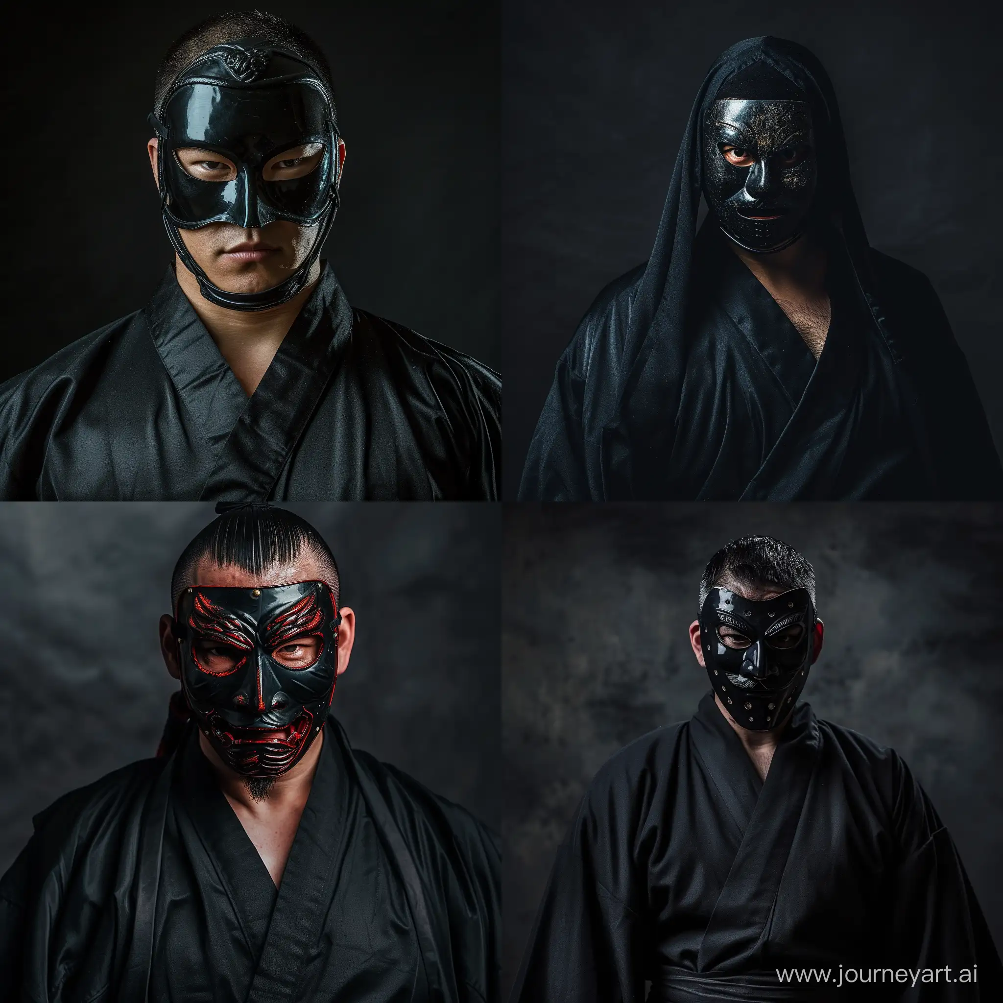Человек в маске кабуки и черной робе ровный темный фон студийный свет