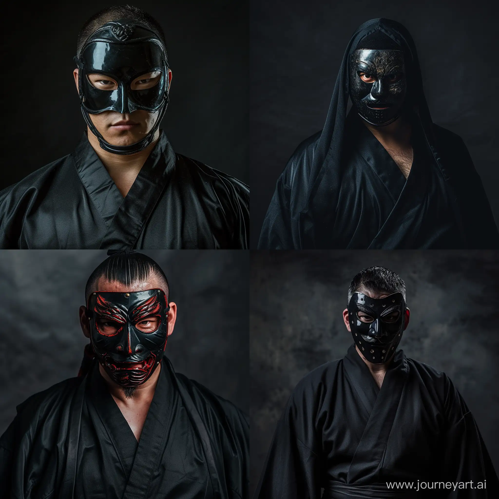 Mysterious-Kabuki-Mask-Man-in-Black-Robe-on-Dark-Studio-Background